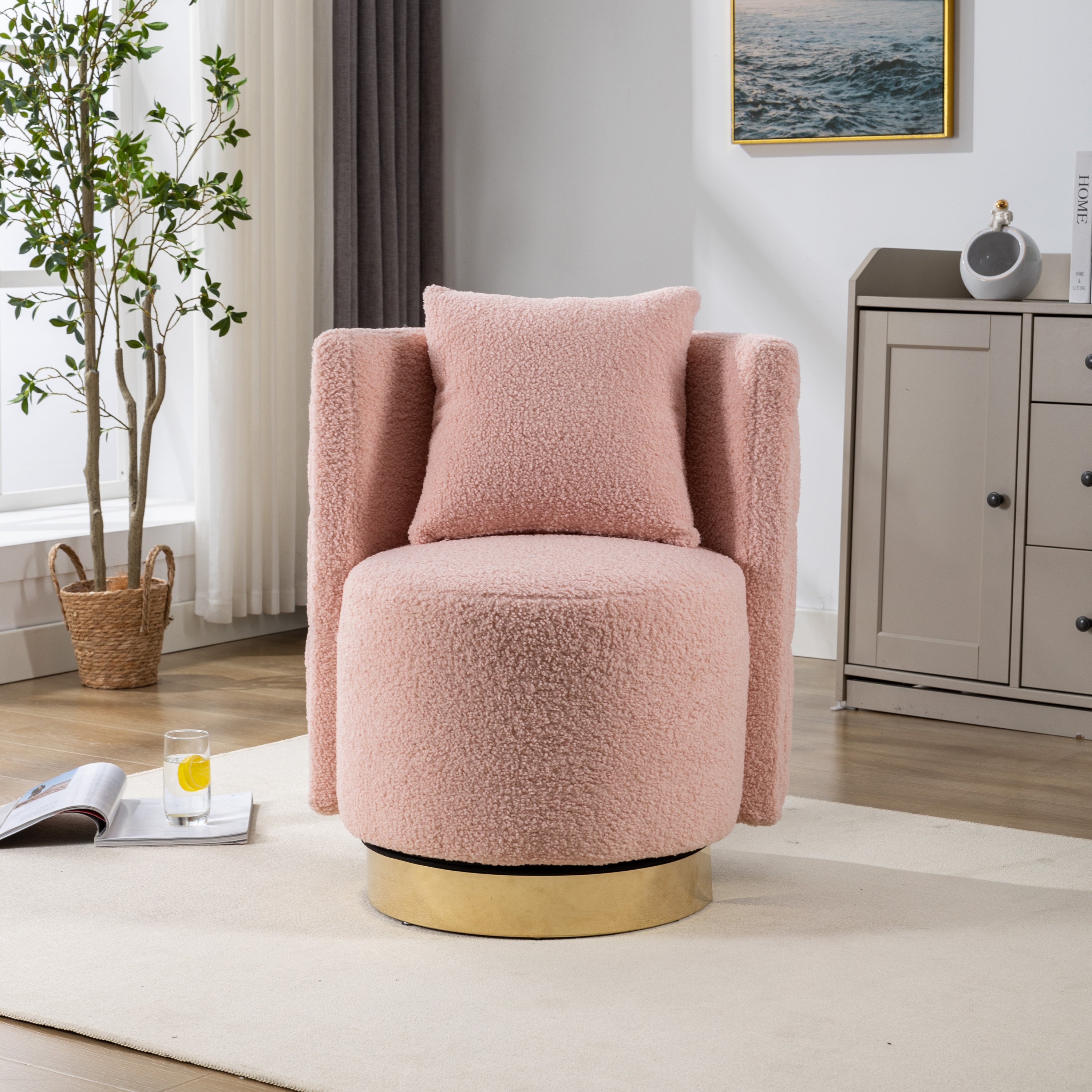 Clara pink Boucle Fabric Swivel Accent Barrel Chair with Gold Metal Base