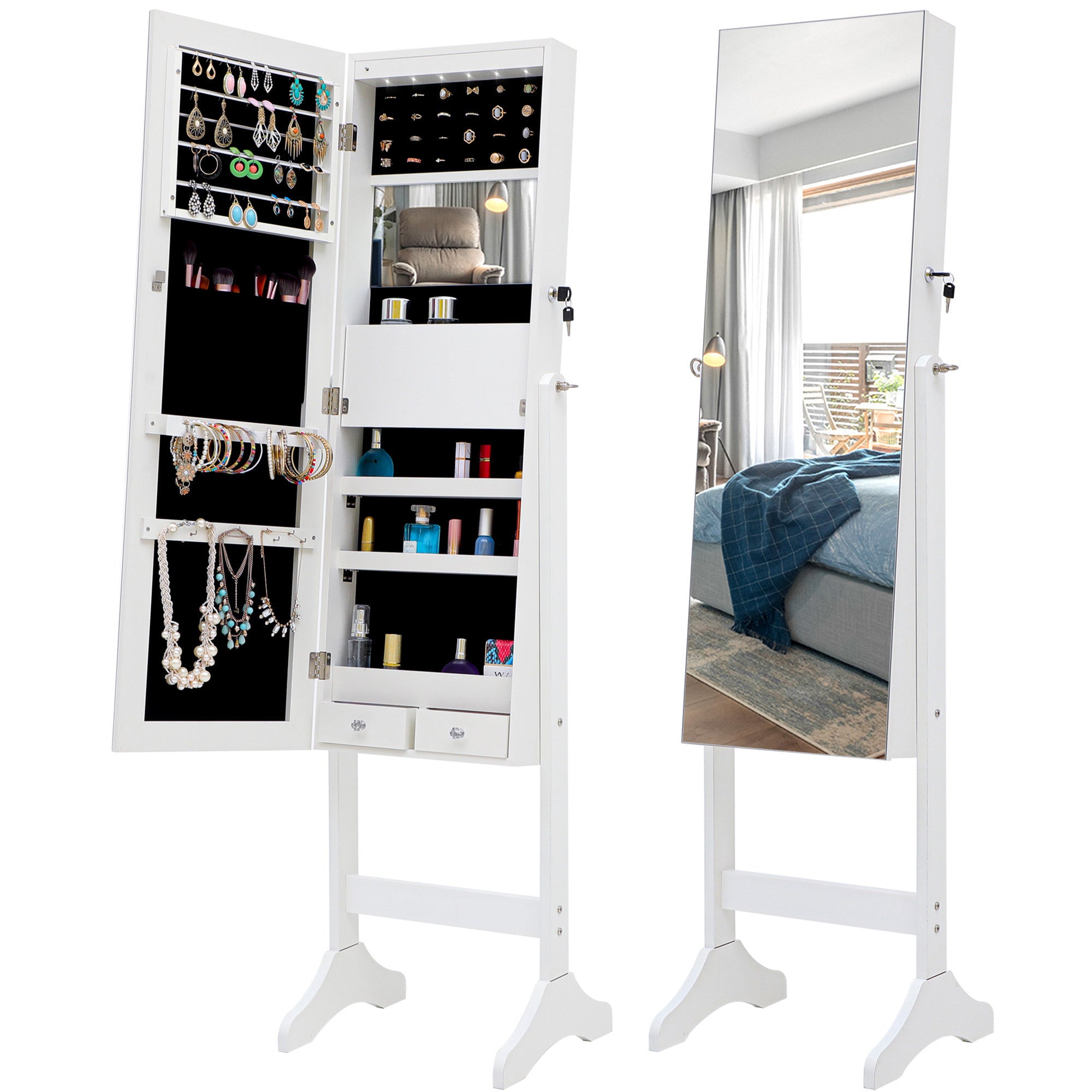 6-LED Light Jewelry Armoire with Internal Mirror Lockable Wall Door Mounted  Jewelry Cabinet Armoire Storage Organizer White
