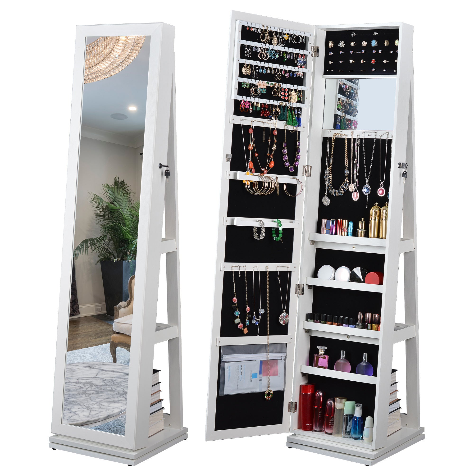 White Standing Swivel Jewelry Storage Organizer Cabinet with Mirror 