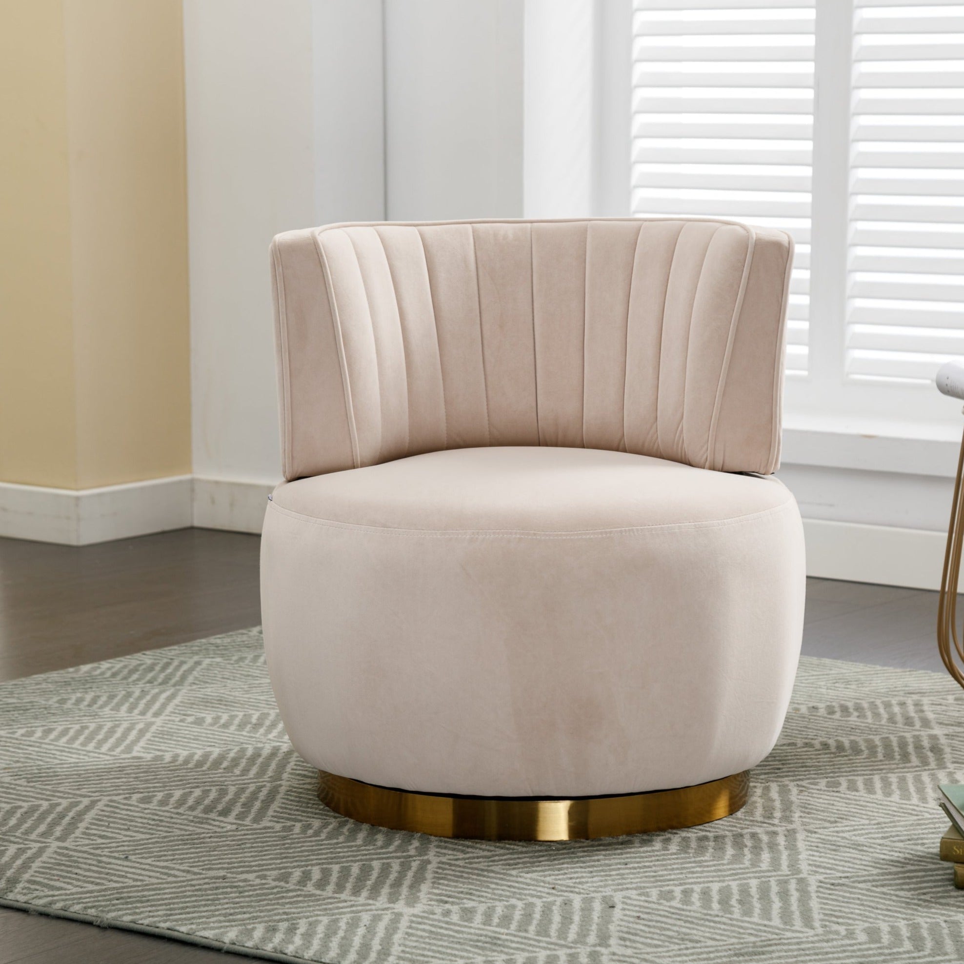 Becca beige Velvet Swivel Accent Barrel Chair with Channel Back and Gold Trim Base