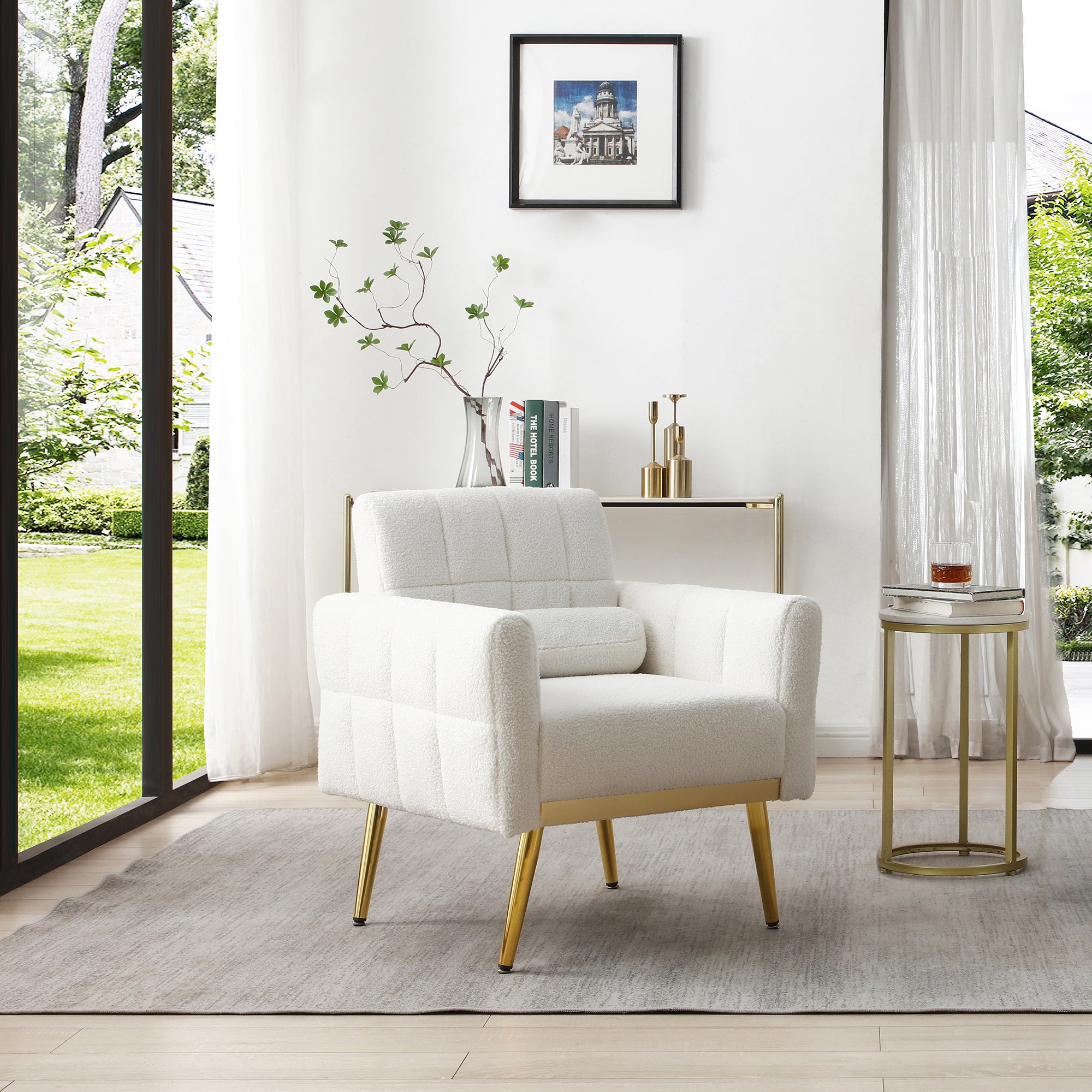 Kumla white Boucle Fabric Modern Accent Armchair with Gold Metal Legs