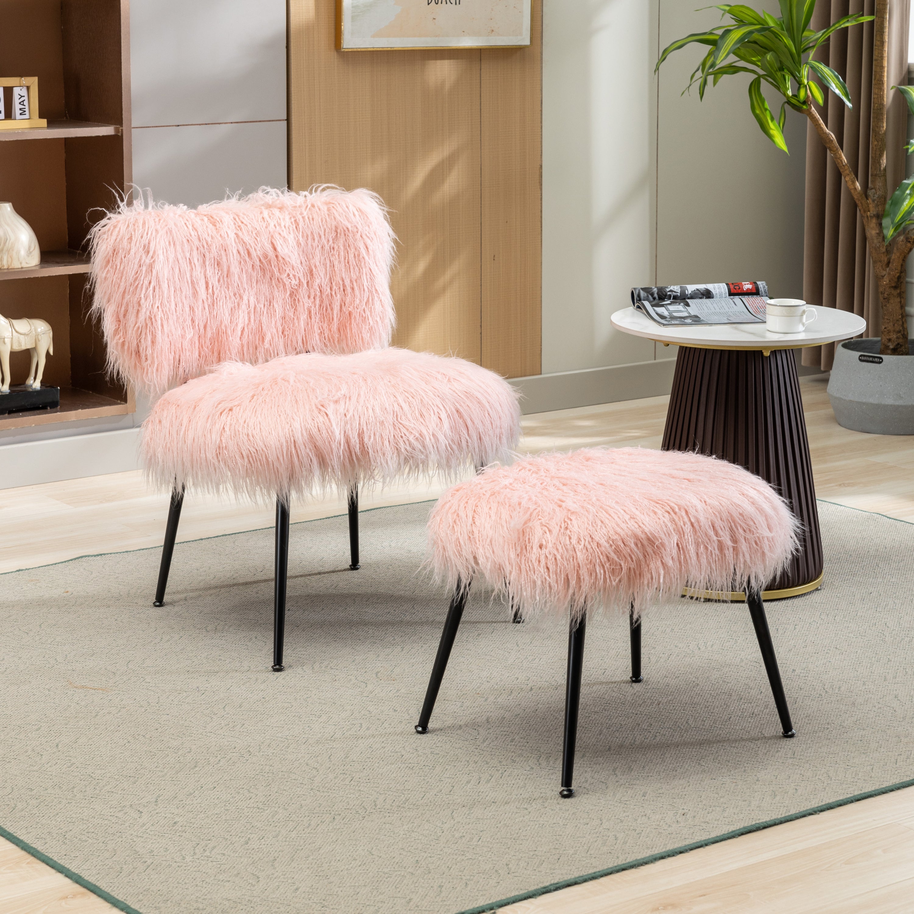 Lily Modern Fluffy Faux Fur Accent Chair with Ottoman