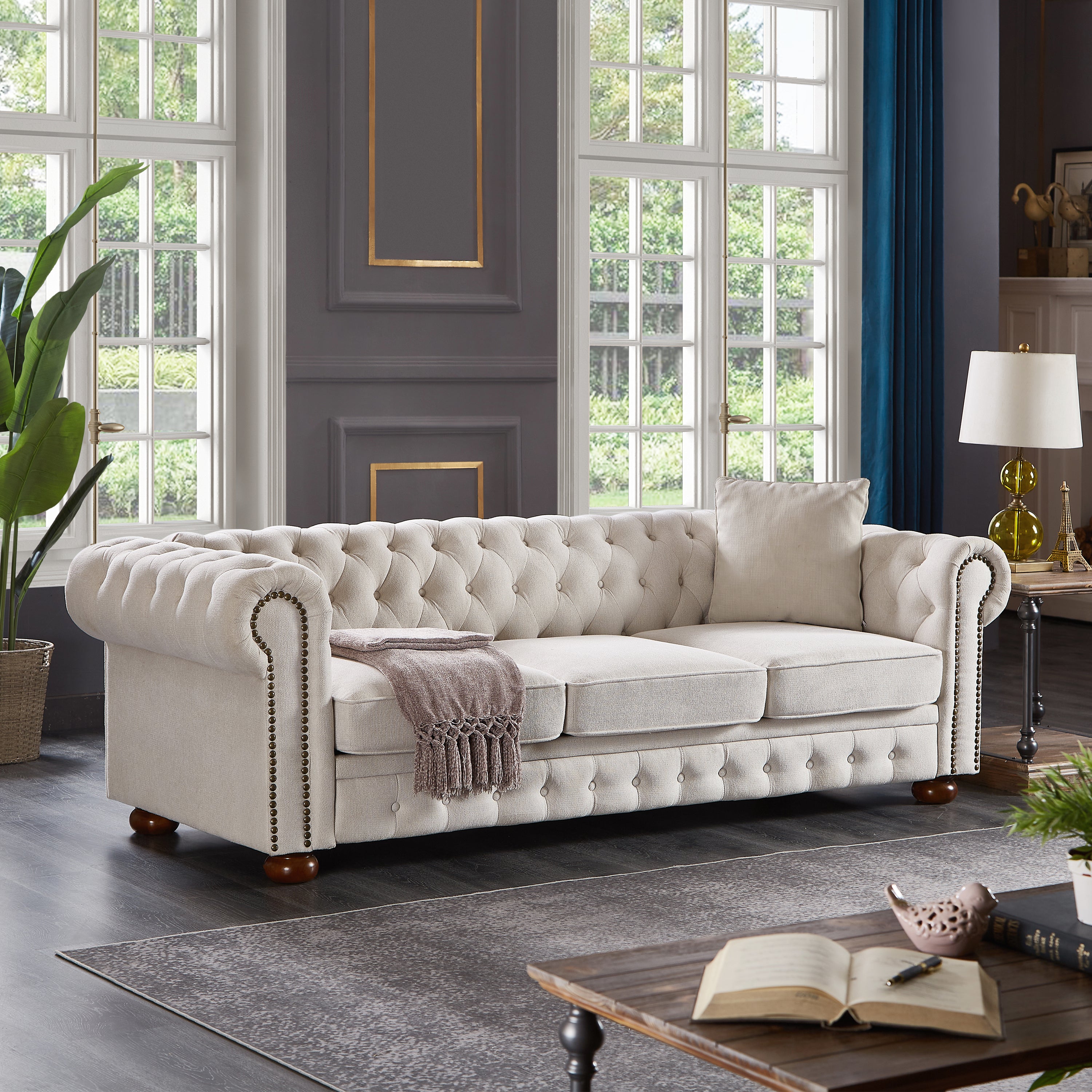 Calvin 88.5" Beige Linen Fabric Chesterfield sofa