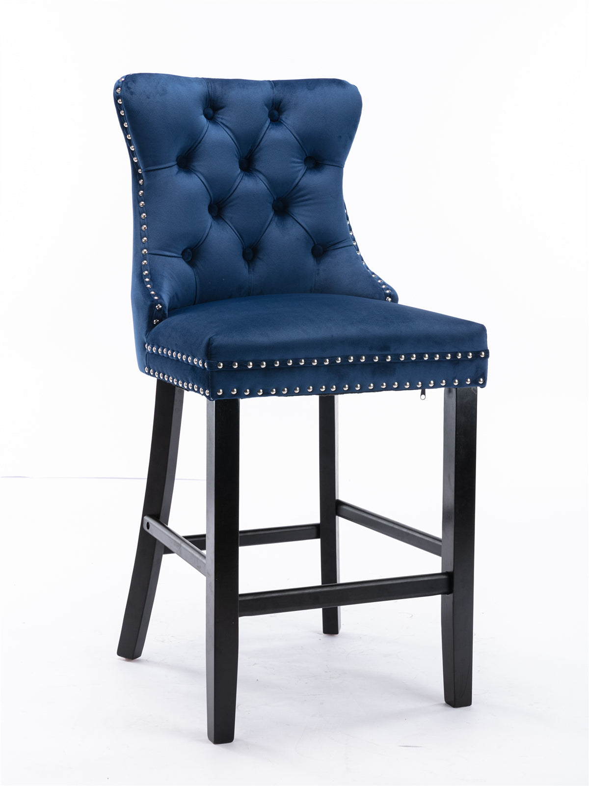 Set of 2 Blue Velvet Counter Stools Tufted Back with Nailhead Trim and Ring Pull