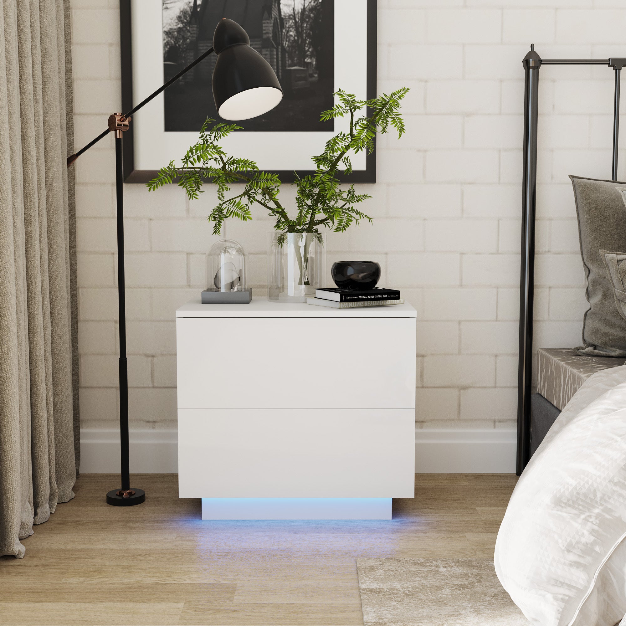 Modern White High Glossy Night Stand with LED Light
