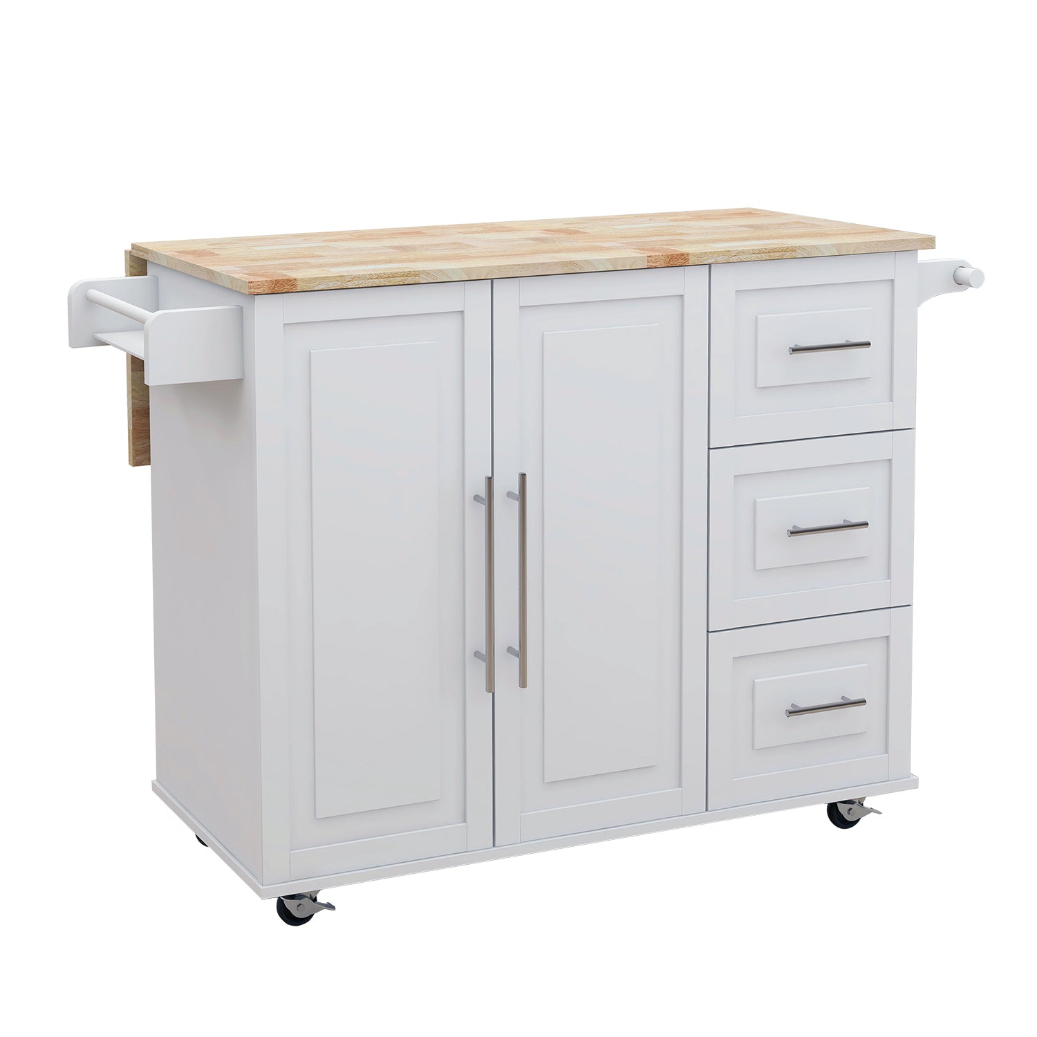 White Shaker Rolling Kitchen Cart with Drop Leaf Solid Wood Top