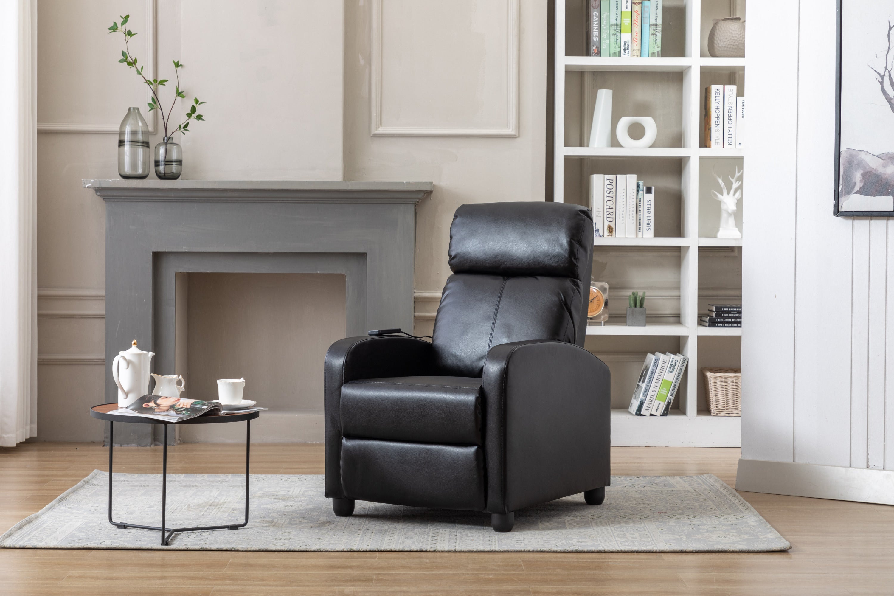 Blane Black Faux Leather Small Spaces Pushback Recliner With Massage and Heat