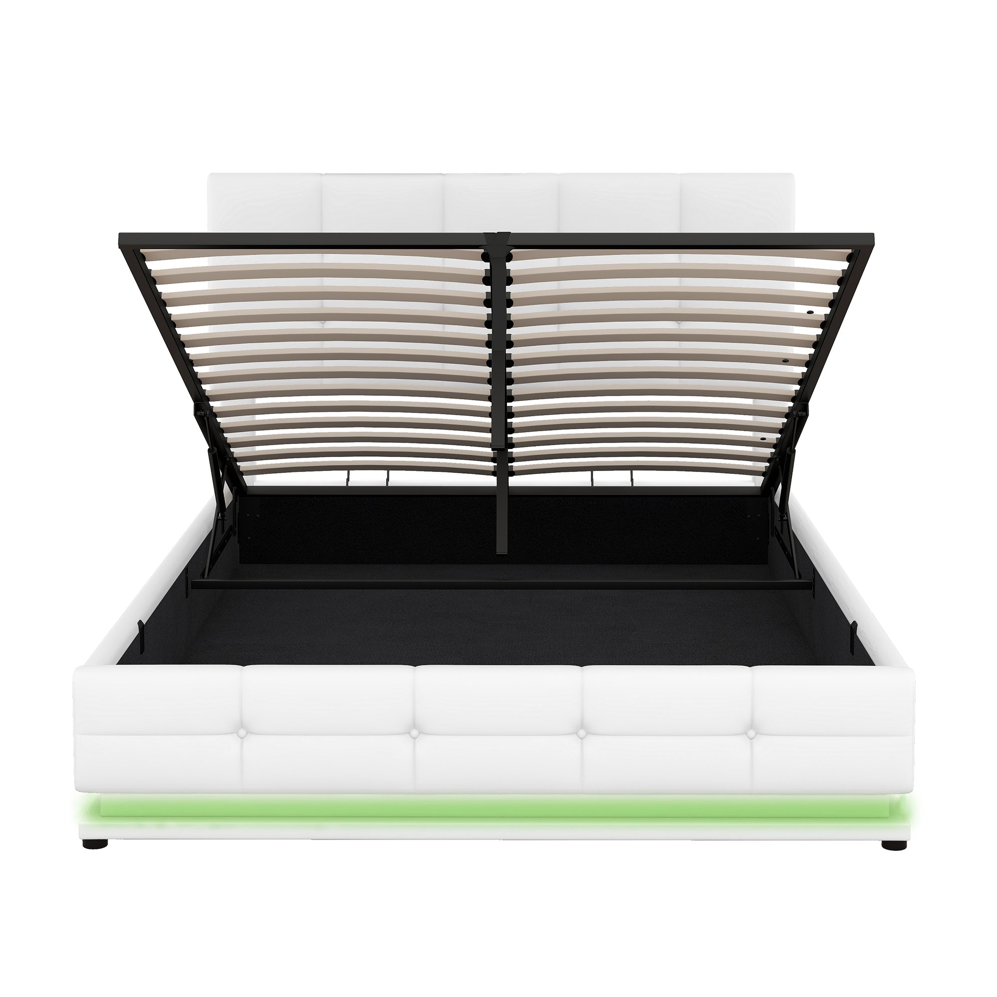Kosmo Full Size Hydraulic Lift Storage Platform Bed with LED Lights and USB Charger Upholstered with Faux Leather