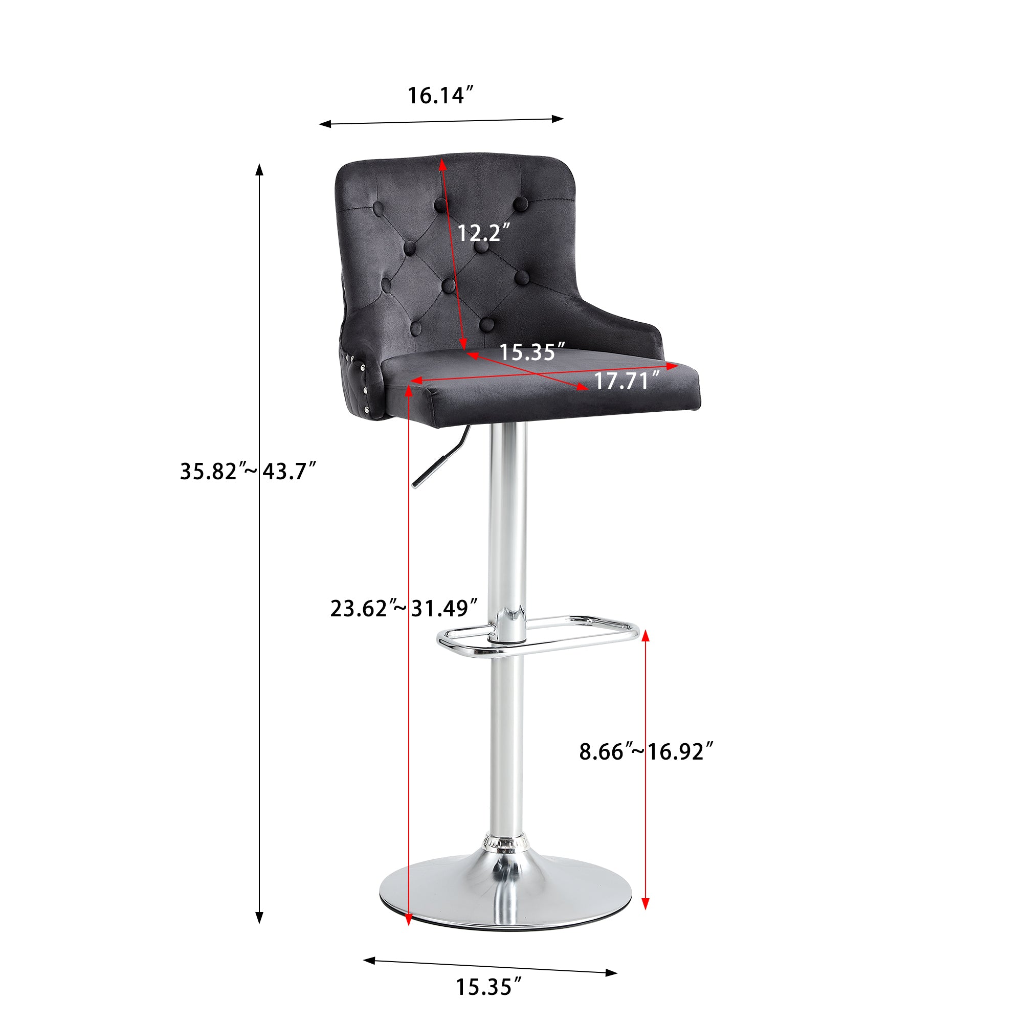 Set of 2Pc Velvet Modern Swivel Adjustable Bar Stool with Chromed Legs and Nailhead Trim