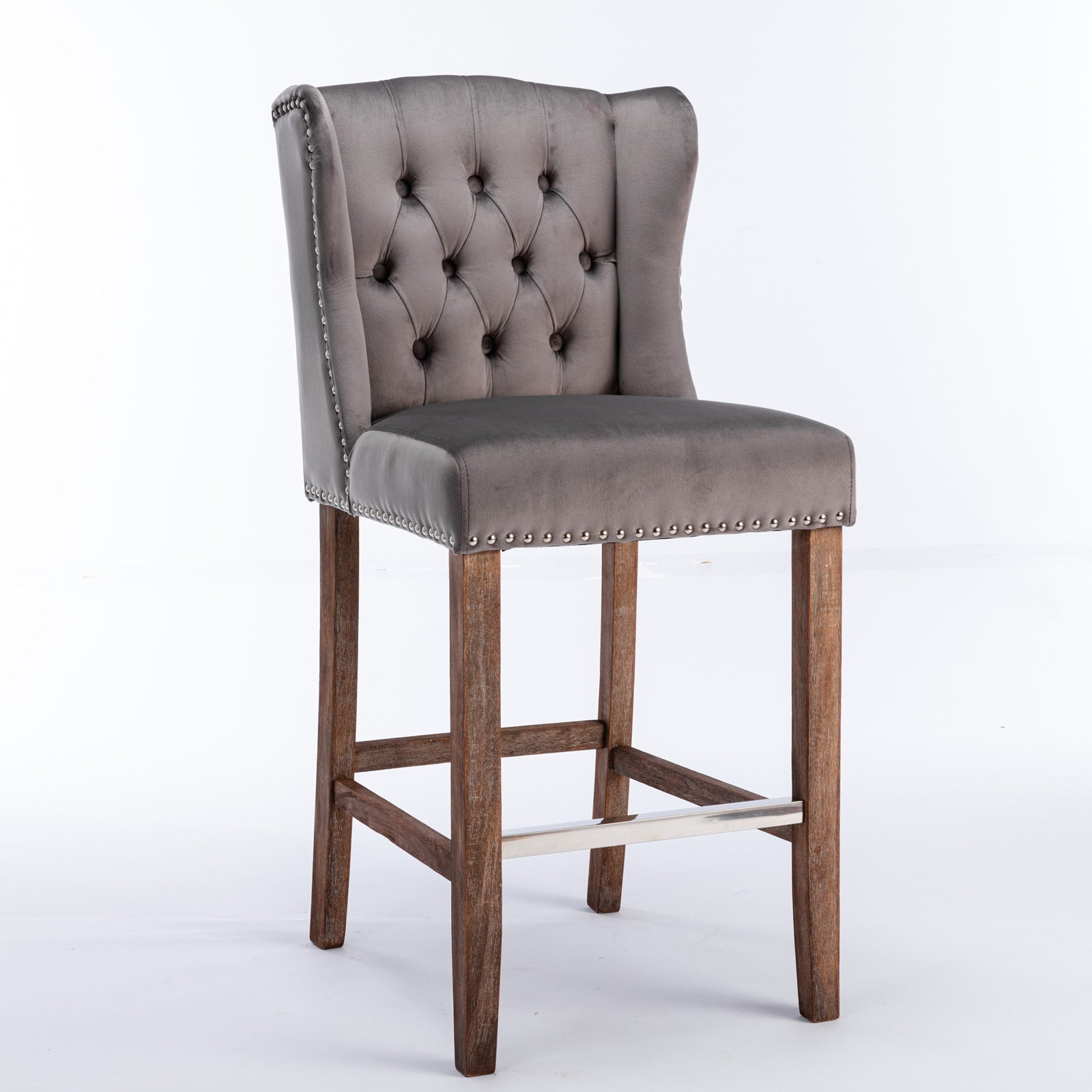 Set of 2 Grey Velvet Counter Stools with Tufted Back and Wingback