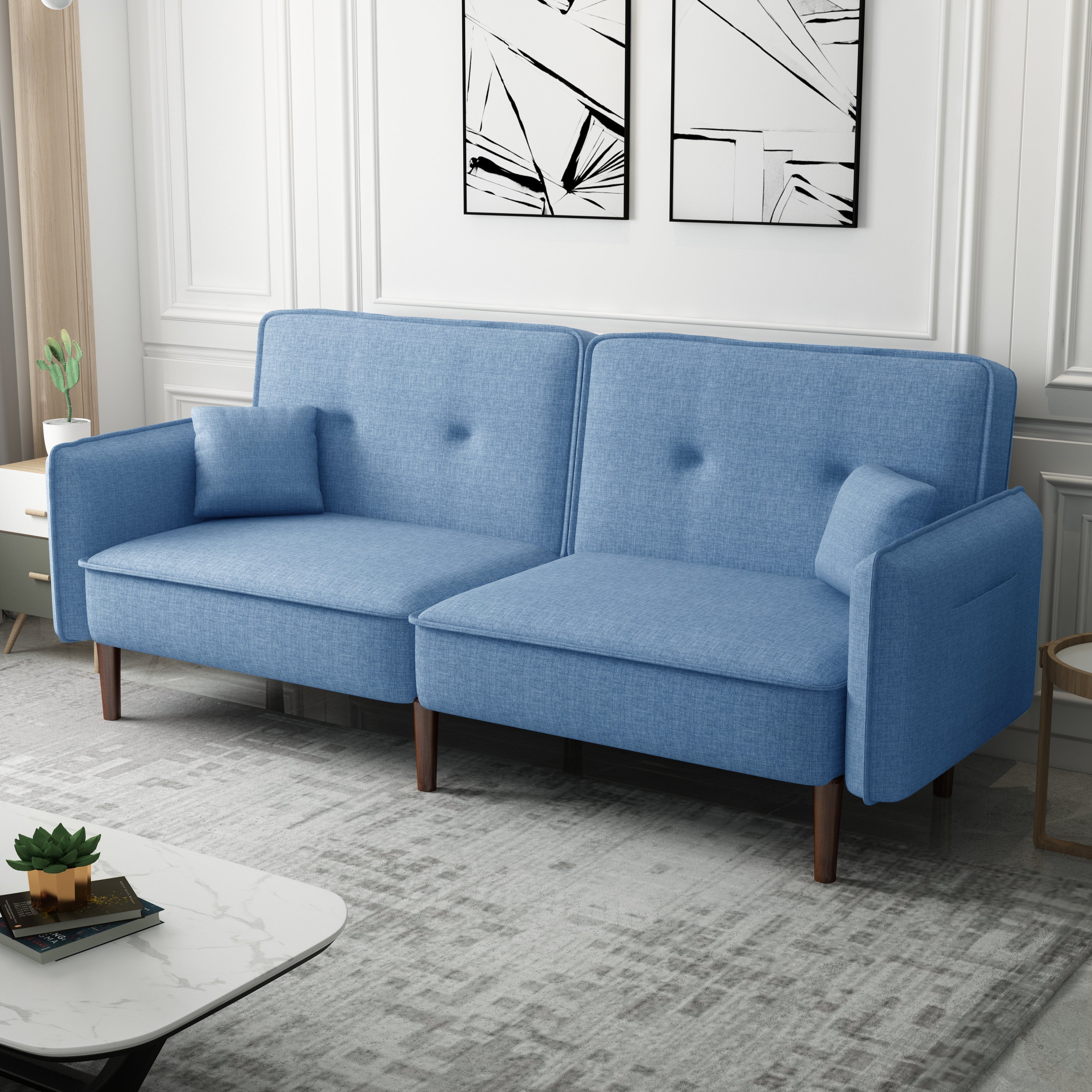 Sally Light Blue Linen Futon Convertible Sofa bed
