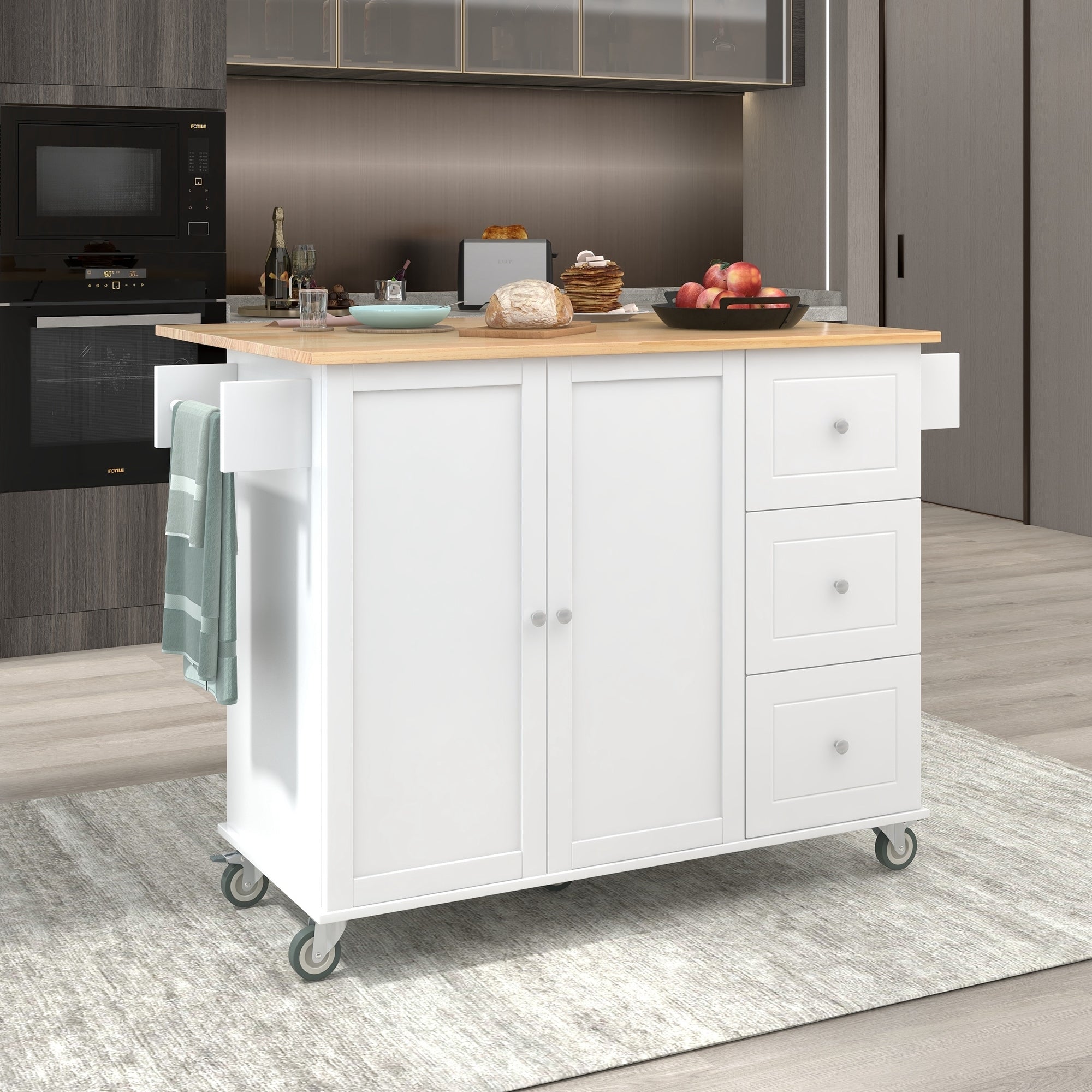 White 52.7" Rolling Mobile Kitchen Island Cart with Drop Leaf Solid Wood Top and Locking Wheels