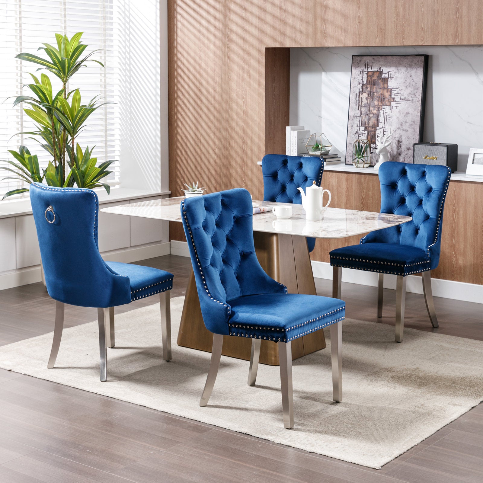 Chloe Set of 2 Blue Velvet Dining Chairs with Chrome Stainless Legs