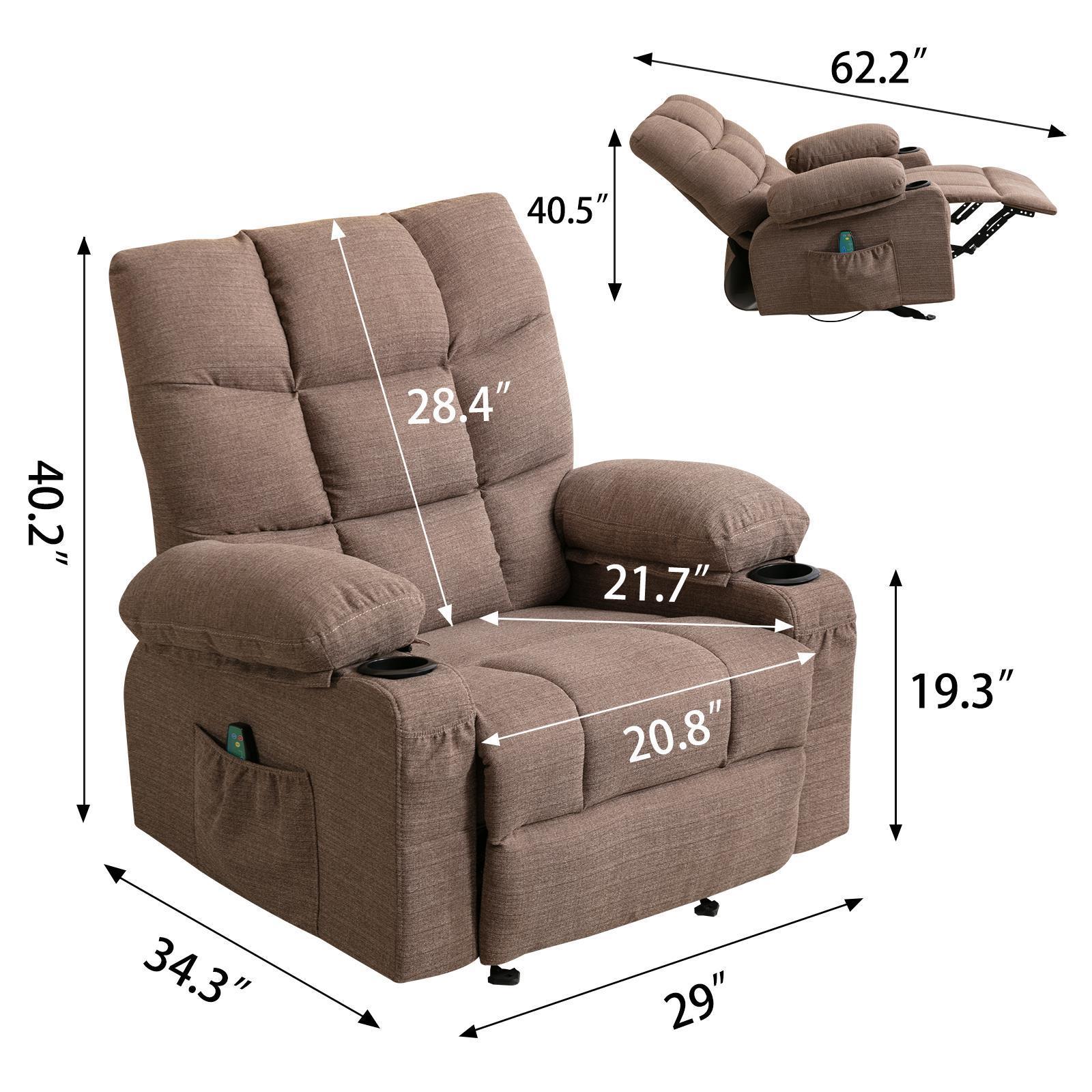 Neal Brown Fabric Recliner Chair With Cup Holders, Massage and Heat, USB and Side Pocket