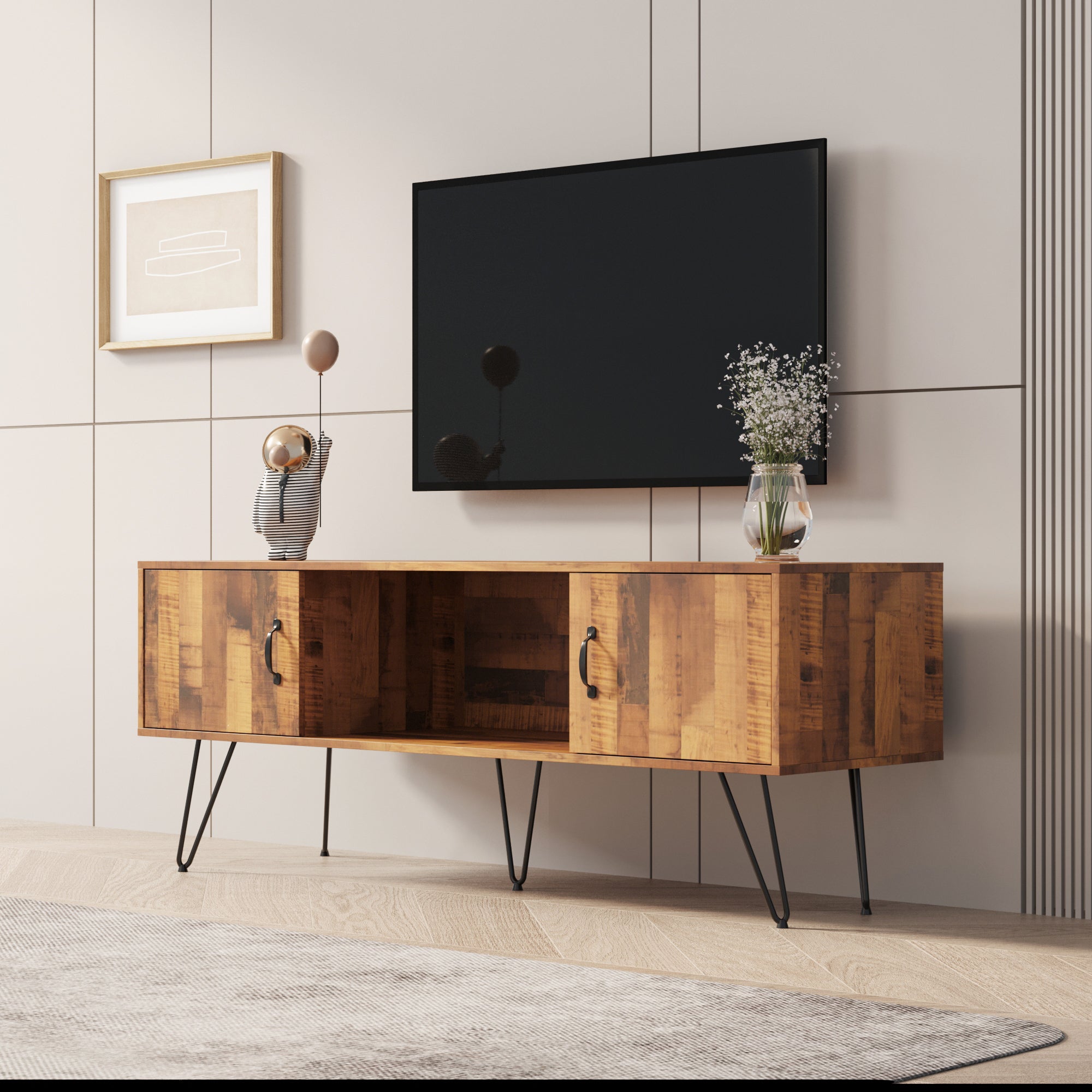 59" Rustic Brown TV Stand with Black Metal Legs, for TV up to 65"