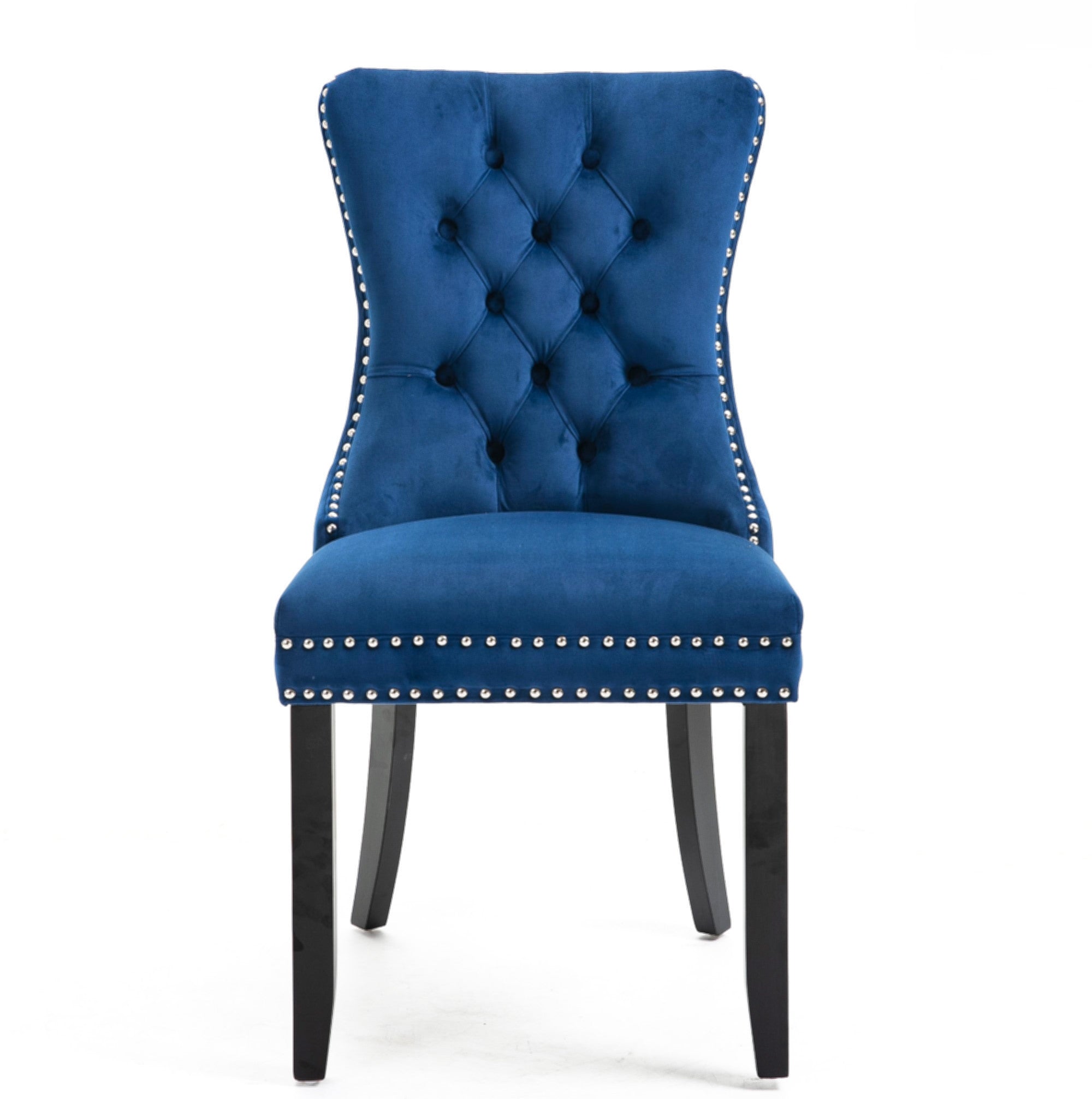 Set of 2 Luxury Blue Velvet Dining Chairs with Pull Ring and solid wood Legs