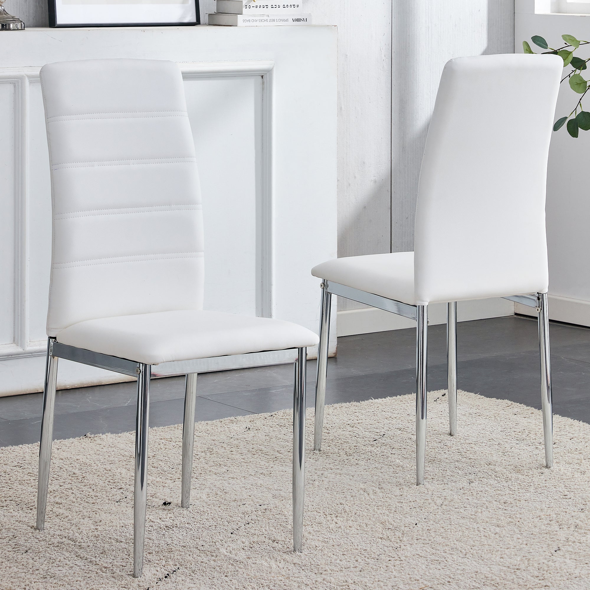 Set of 4 Pieces White Faux leather Dining Chair with Chromed Metal legs