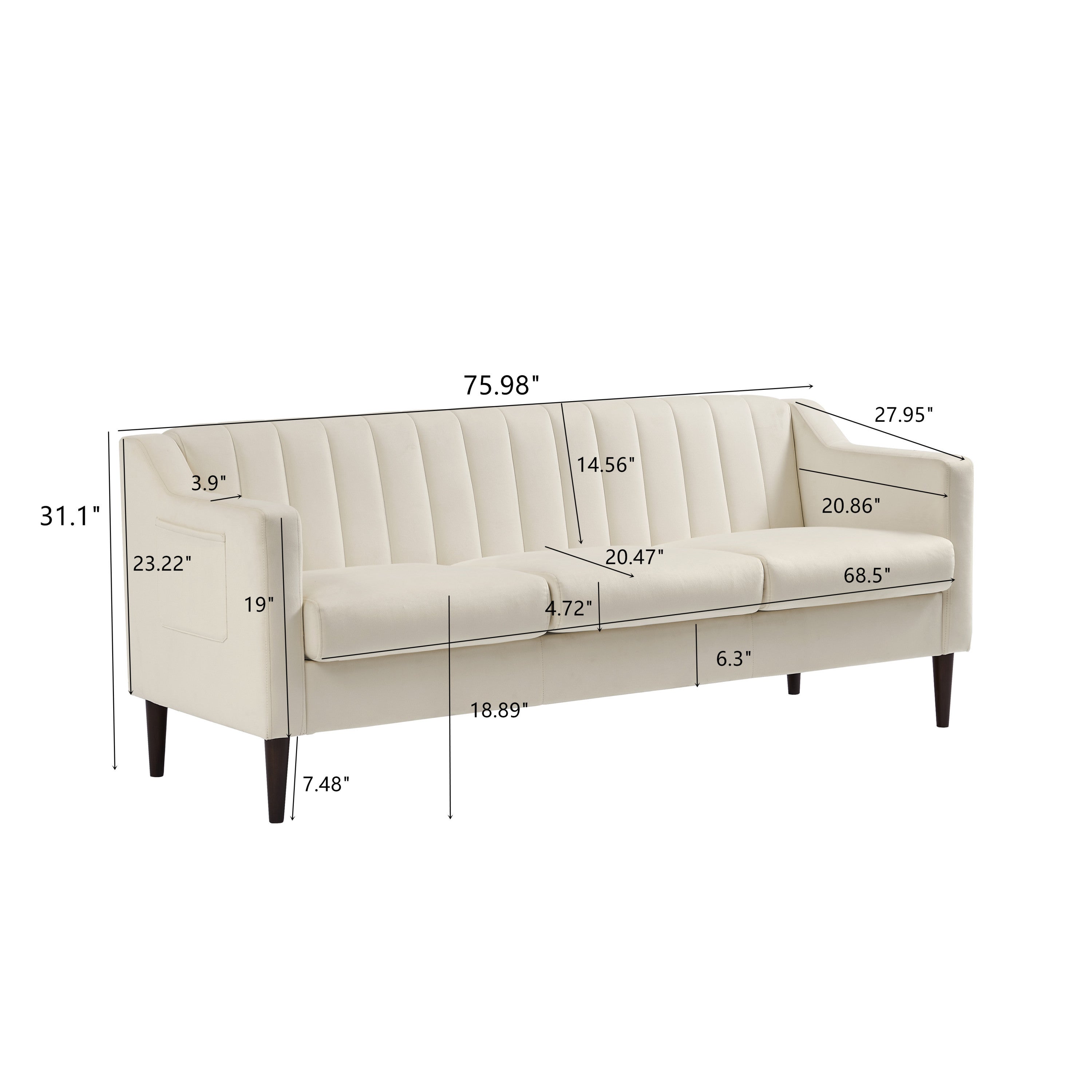 77" Velvet Upholstered Modern Sofa with Channel Tufted Back