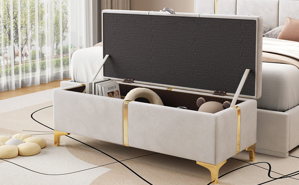 47" Velvet Upholstered Storage Ottoman Bench with Golden Strip and legs
