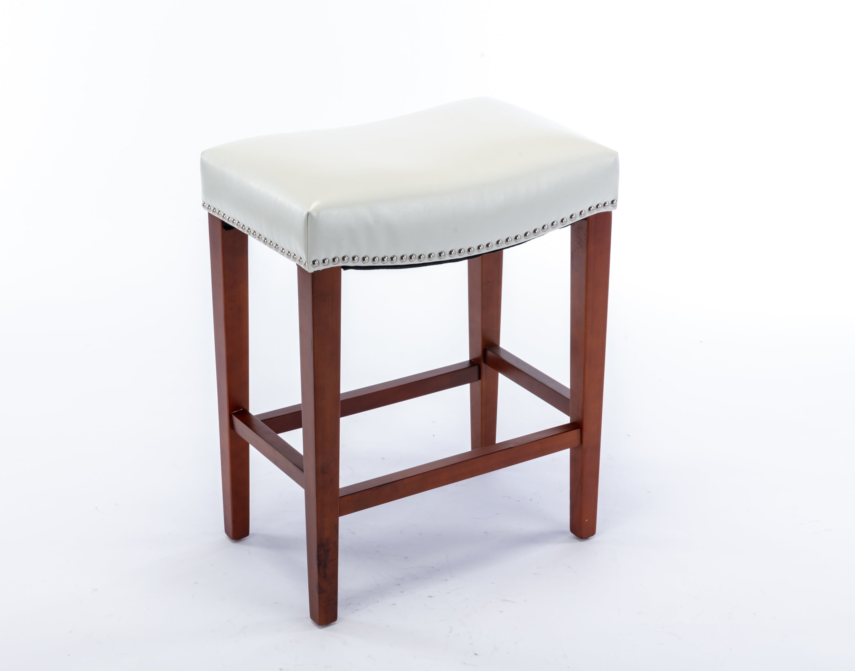 Set of 2 White Faux Leather Bar Height Stools with Solid Wood Legs