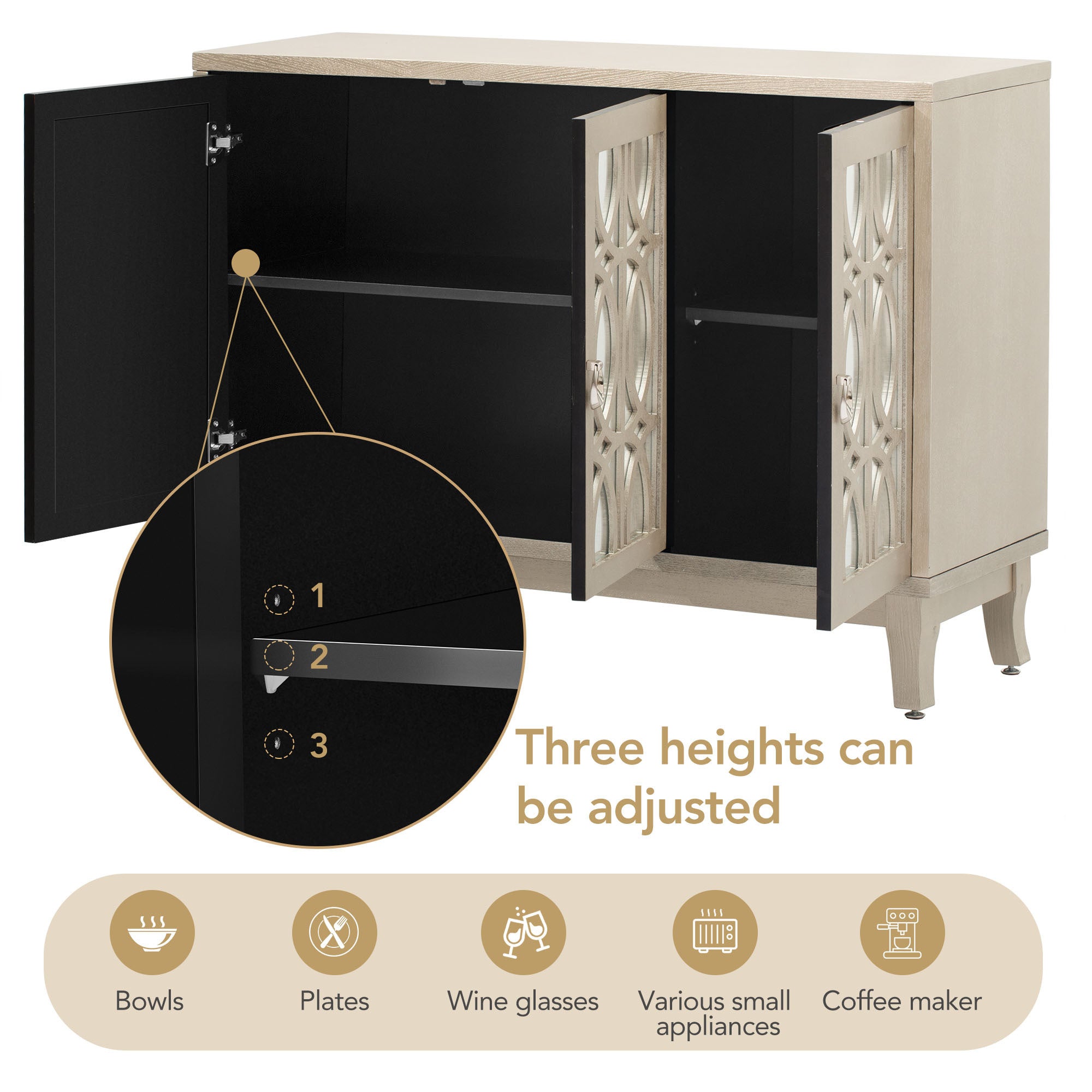 47" Accent Console Cabinet, Sideboard With mirrored Doors, champagne gold color