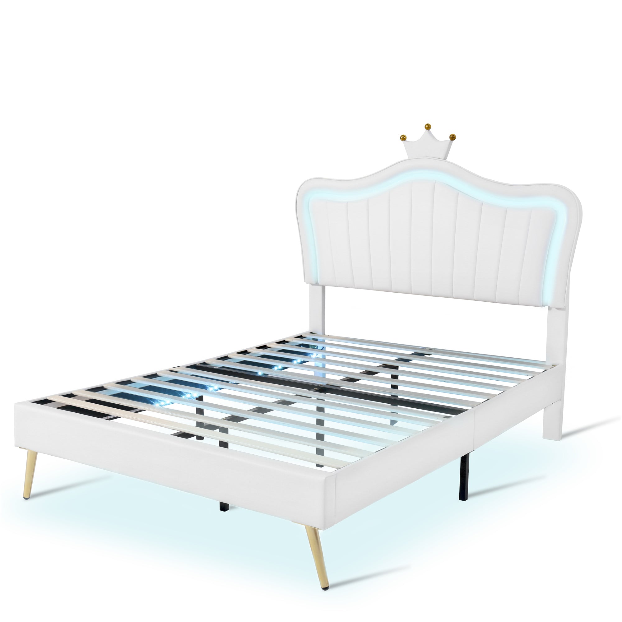Sofia White Faux Leather Full Size Platform Bed with Crown and LED Light