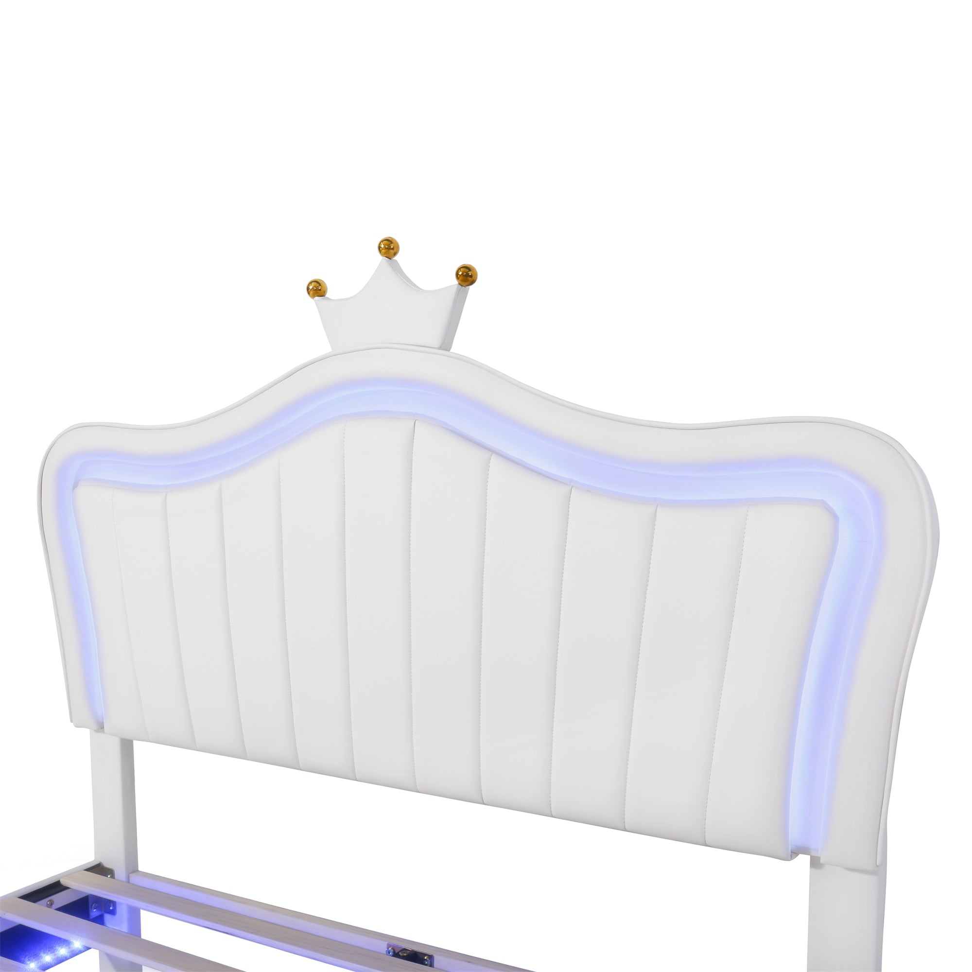 Sofia White Faux Leather Full Size Platform Bed with Crown and LED Light