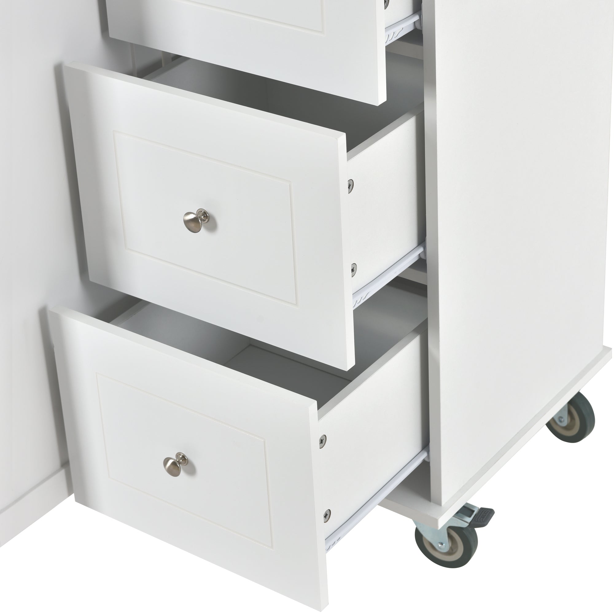 White 52.7" Rolling Mobile Kitchen Island Cart with Drop Leaf Solid Wood Top and Locking Wheels