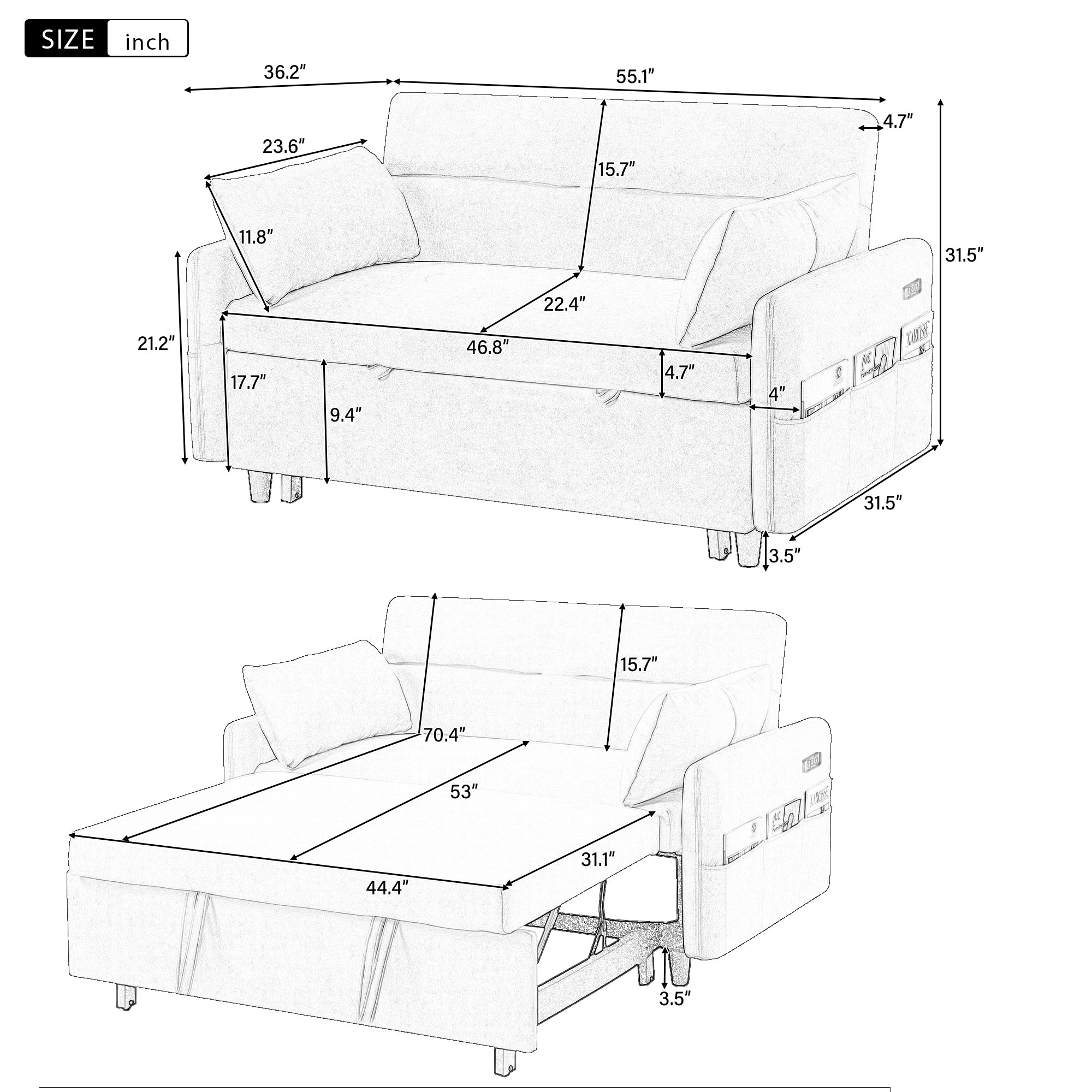 Mikas 55" Micofiber Pull Out Sleep Sofa Bed with USB Ports and Storage Pockets