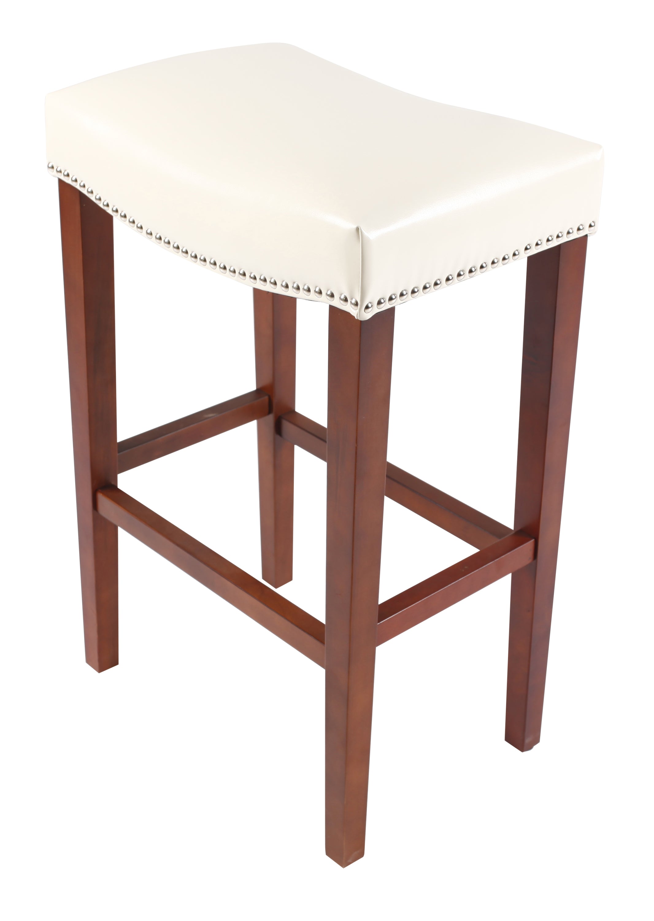 Set of 2 White Faux Leather Bar Height Stools with Solid Wood Legs