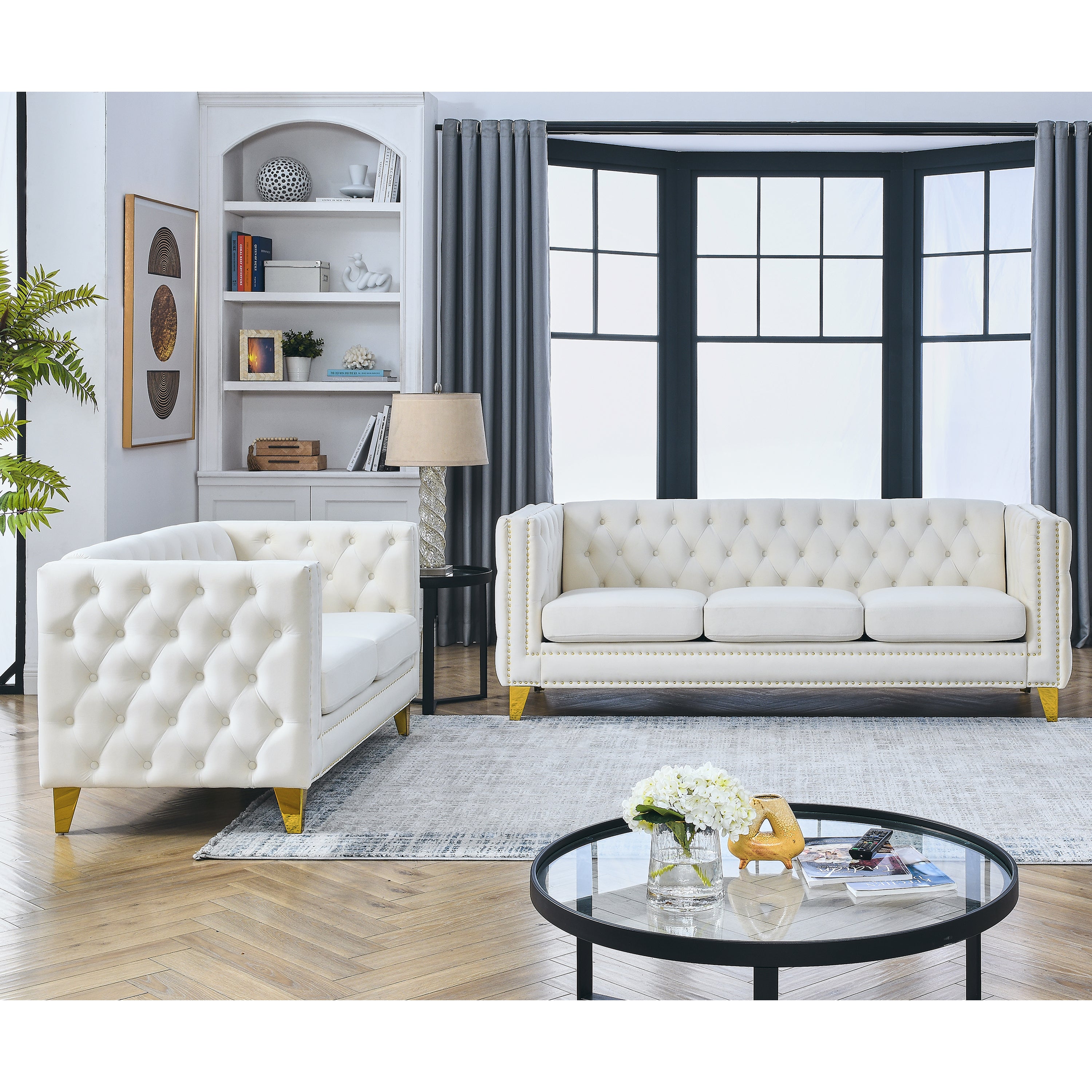 Finley 2Pc Set Luxury Beige Velvet Sofa and Loveseat