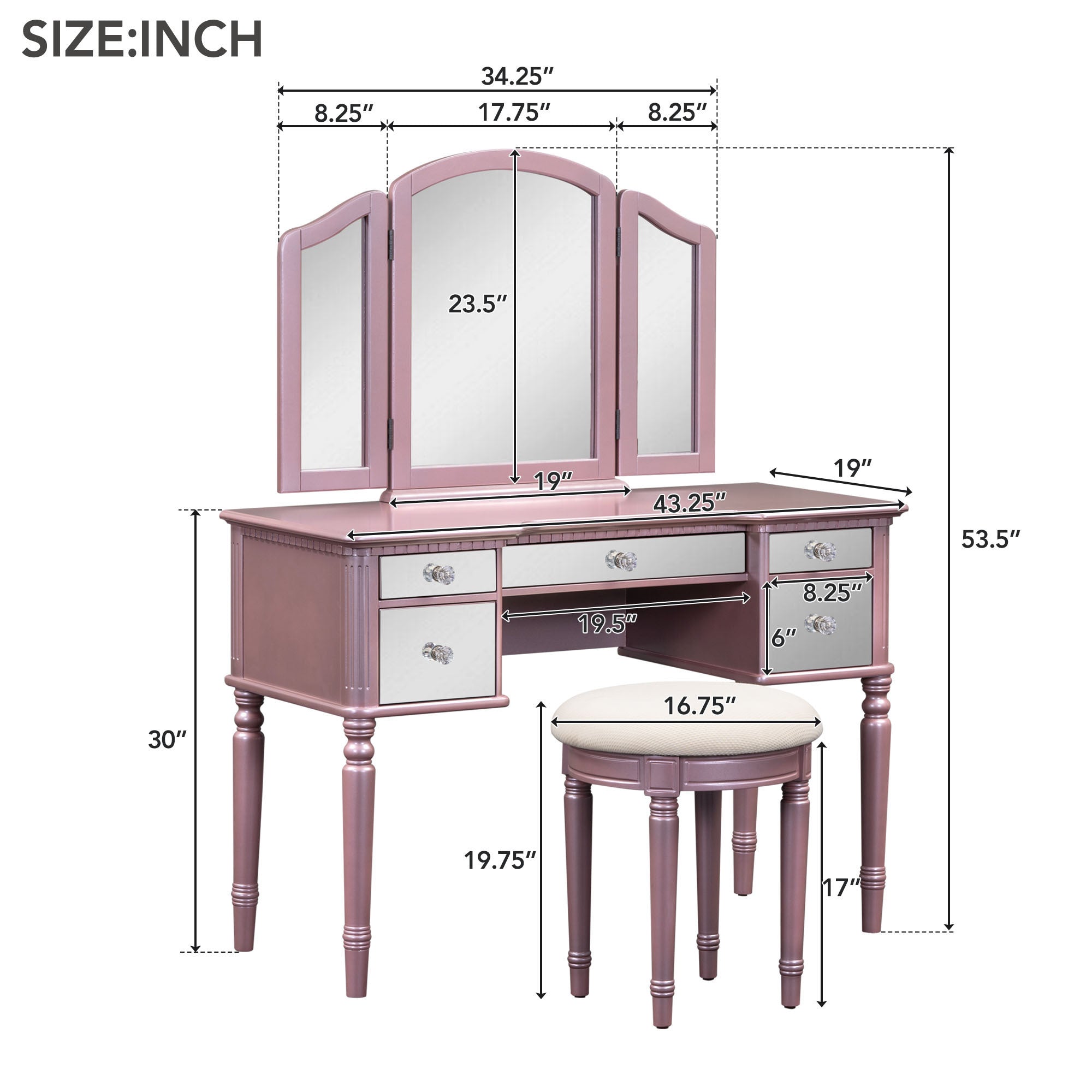 43" Rose Makeup Vanity Dressing Table Set with Mirrored Drawers and Stool
