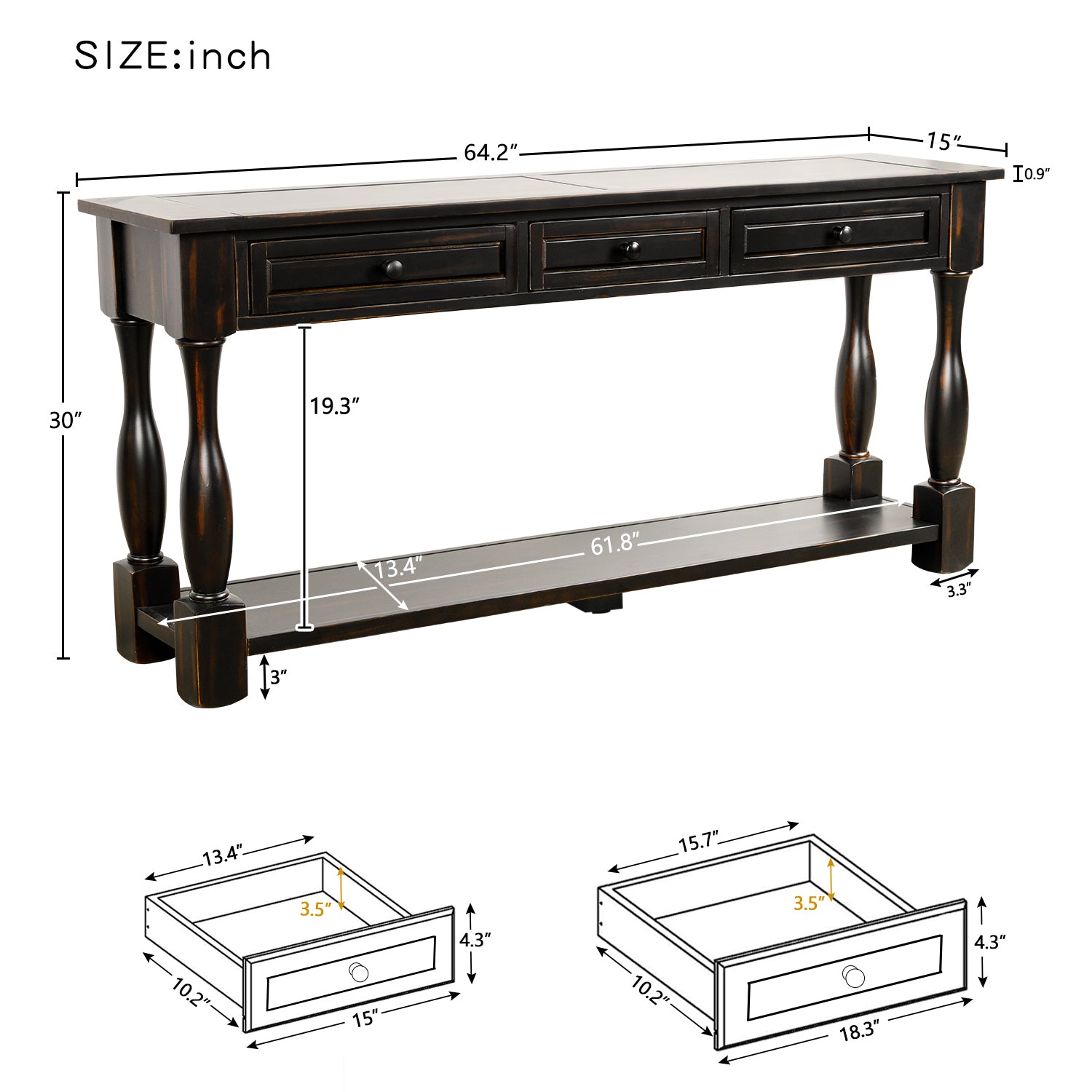 64" Console Entryway Table , Sideboard With Drawers and Shelf