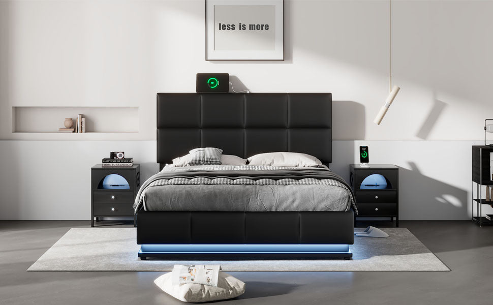 Alvin Black Full Platform Bed with Hydraulic Storage and LED light with USB Charge