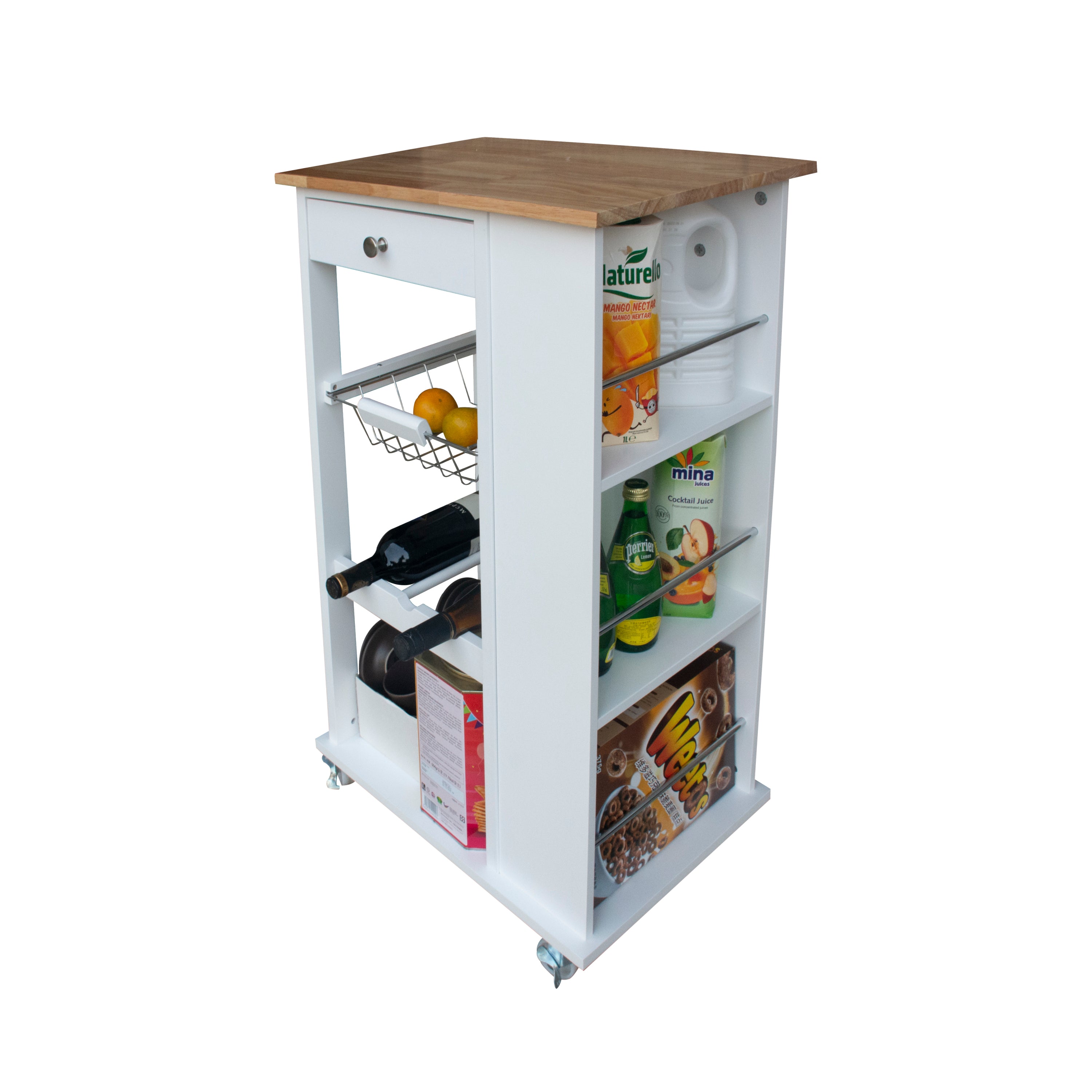 White Rolling Space Saver Kitchen Cart with Solid Wood Top