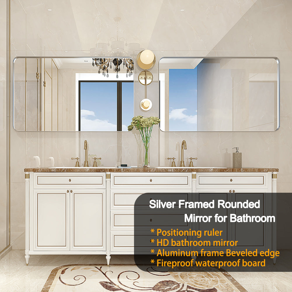 30" x 20" Aluminum Silver Rounded Corner Rectangle Bathroom Vanity Mirror