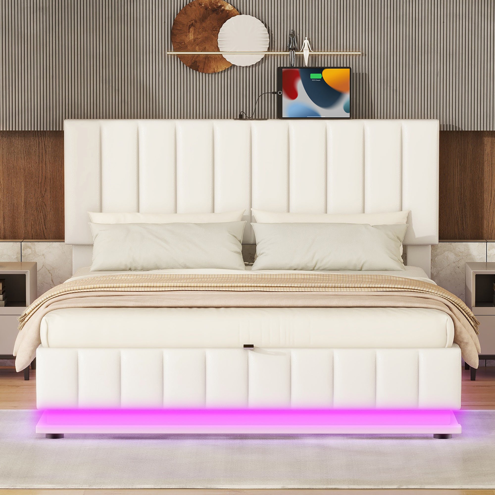 Skylar White Faux Leather Queen Platform Bed with Hydraulic Storage System and LED Light, Modern Platform Bed with Sockets and USB Ports