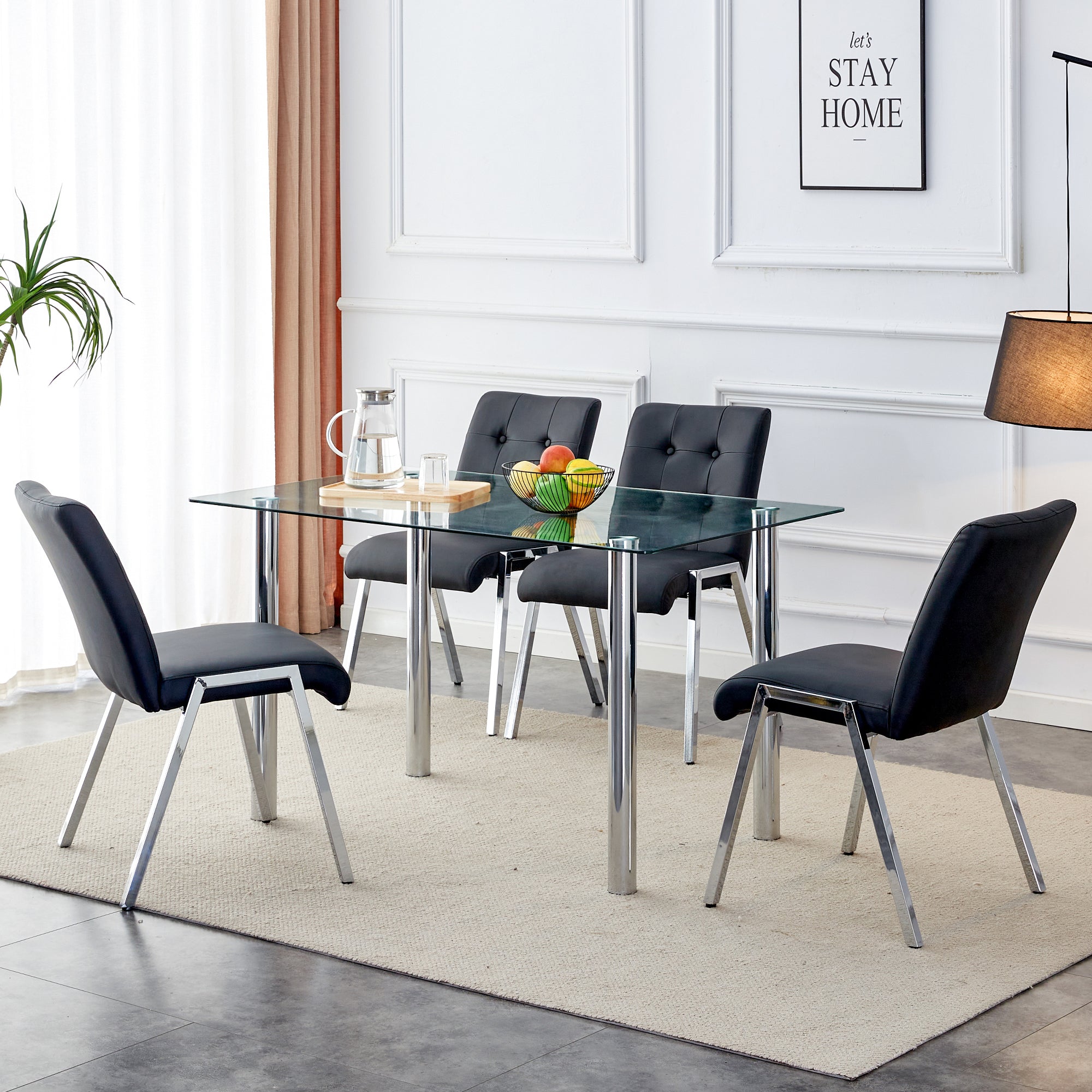 Set of 4pc Modern Black Faux Leather Dining Chairs with Chromed Metal Legs