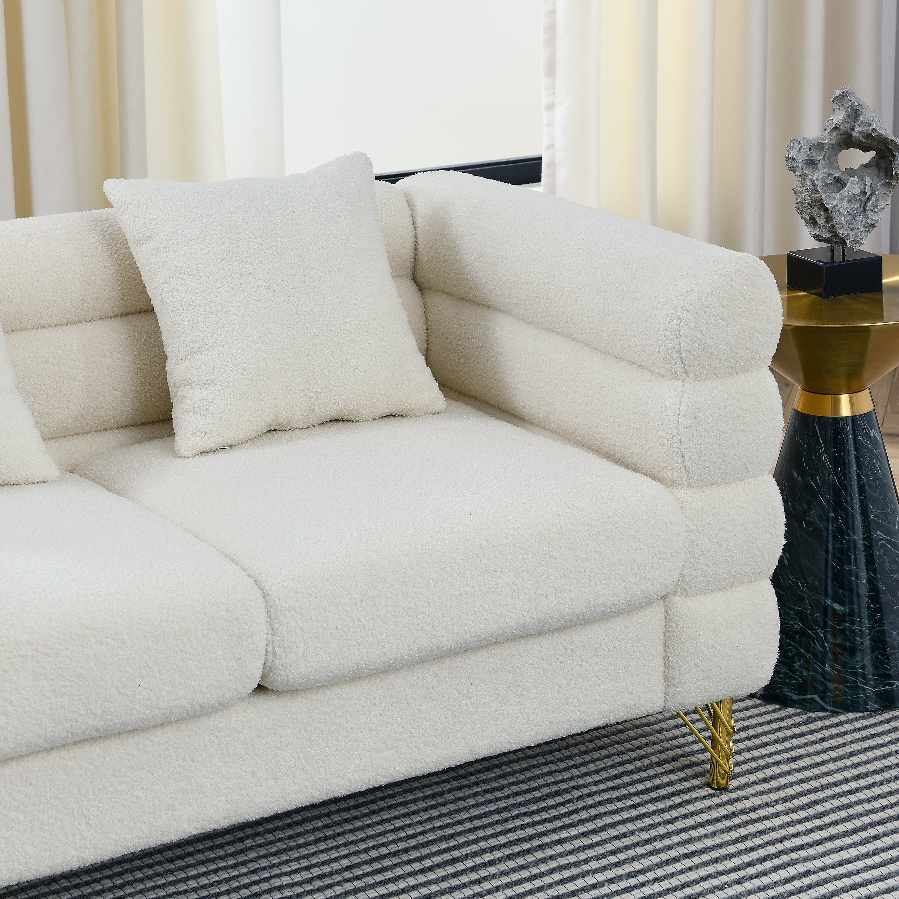 81" Beige Boucle Fabric Sofa With Gold Metal Legs