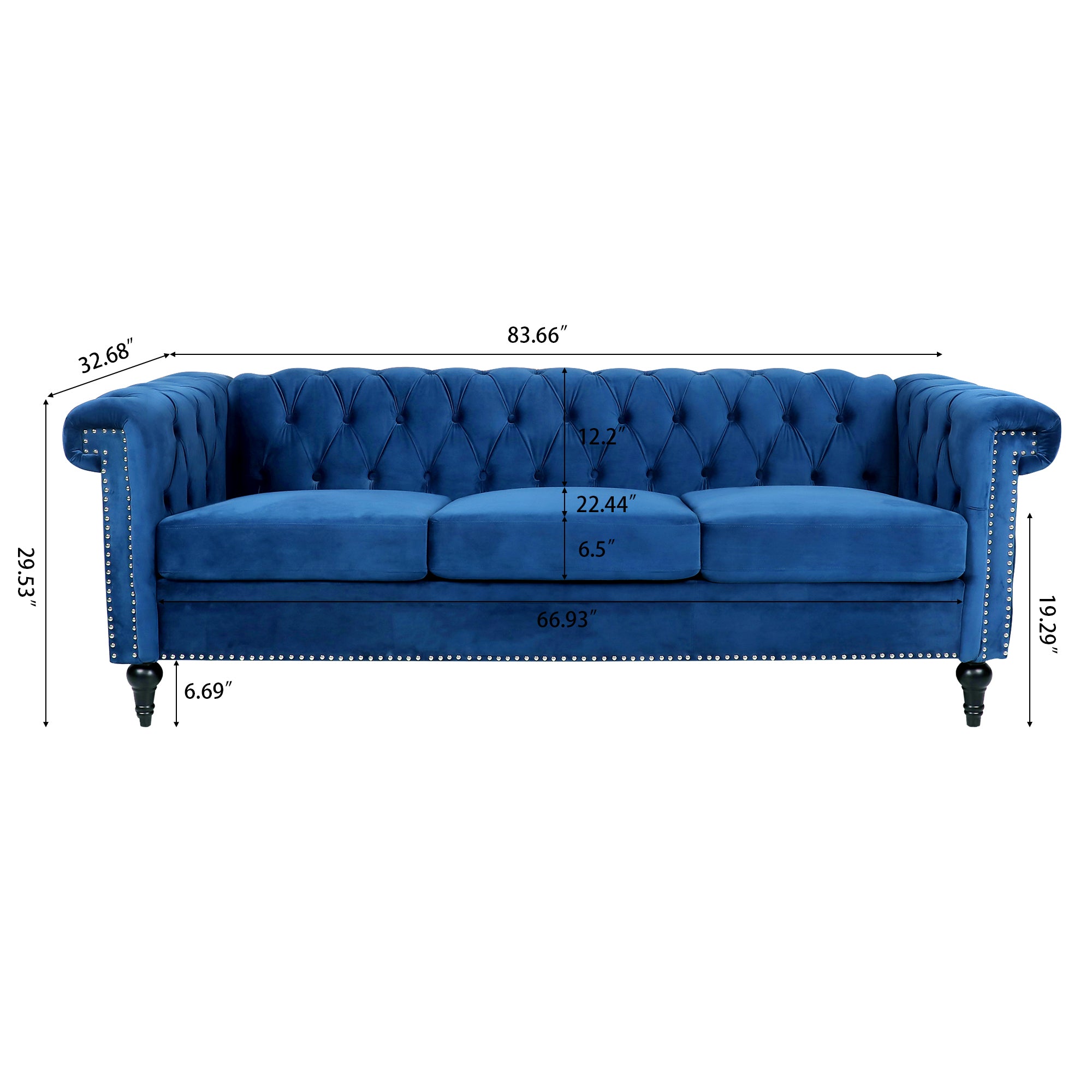 Boston 83" Blue Velvet Chesterfield Sofa with Square Arm nailhead trim