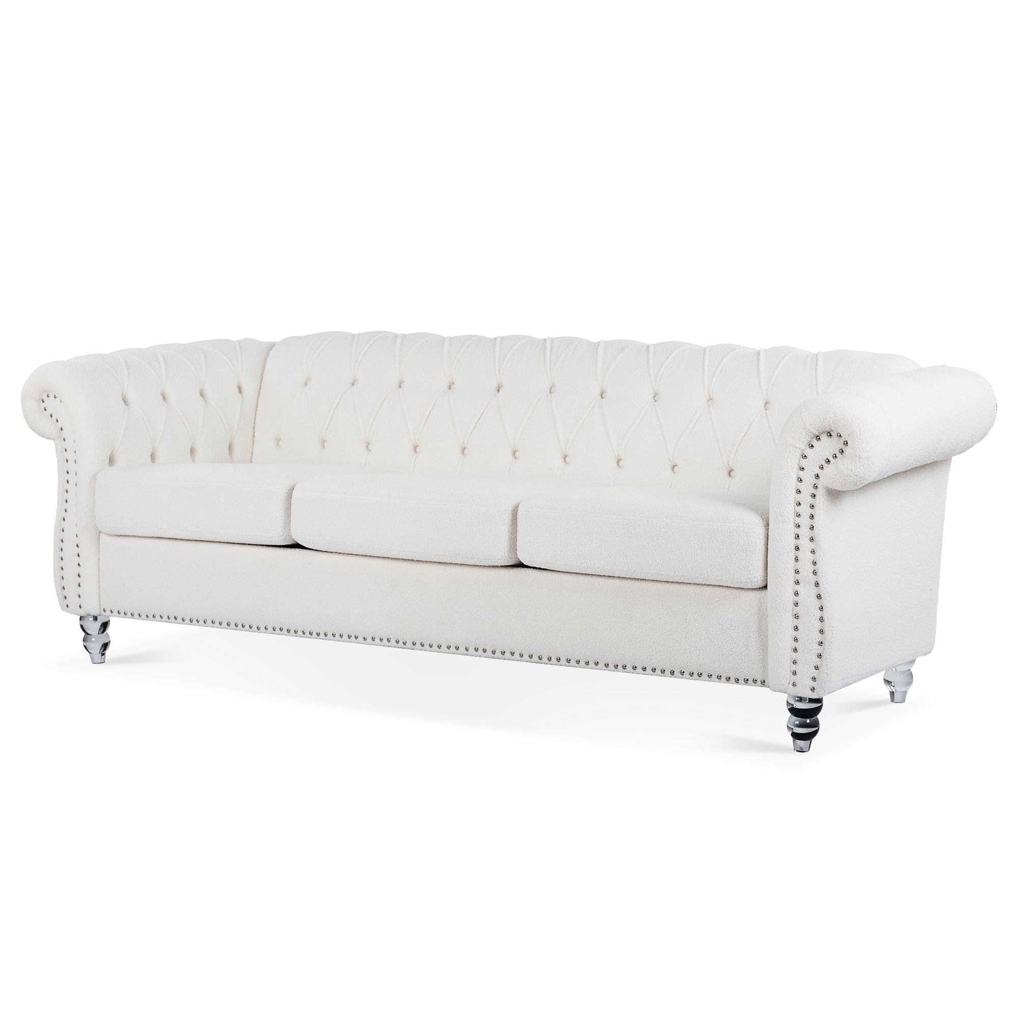 84" White Boucle Fabric Chesterfield Sofa With Nailhead Trim and Acrylic Legs