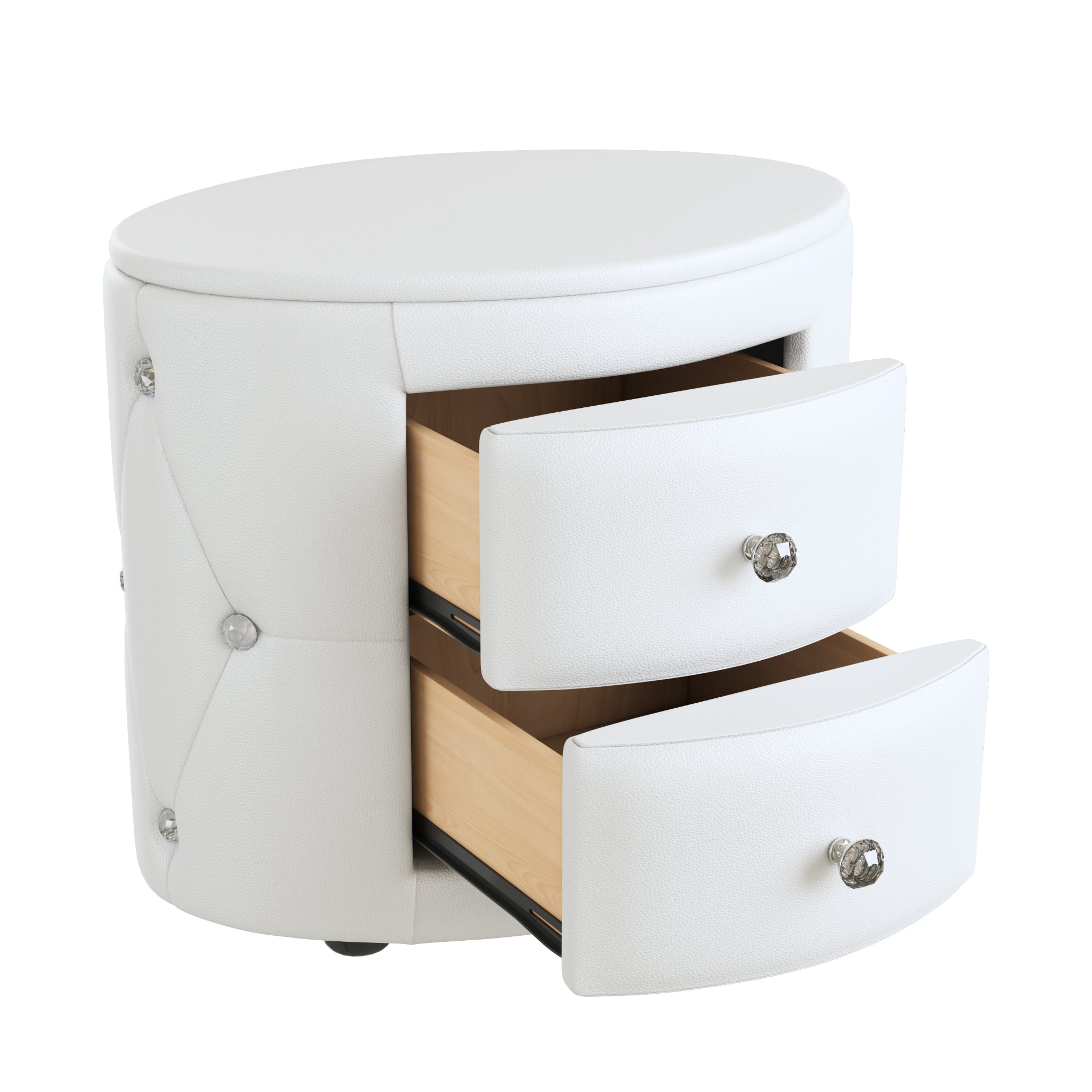 Modern White Faux Leather Nightstand with Faux Crystal Knobs