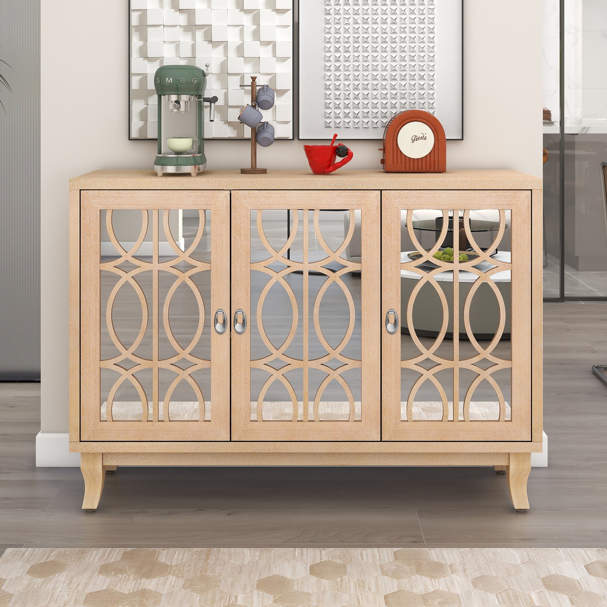 47" Accent Console Table Sideboard with Mirrored Door, Natural Wood wash color