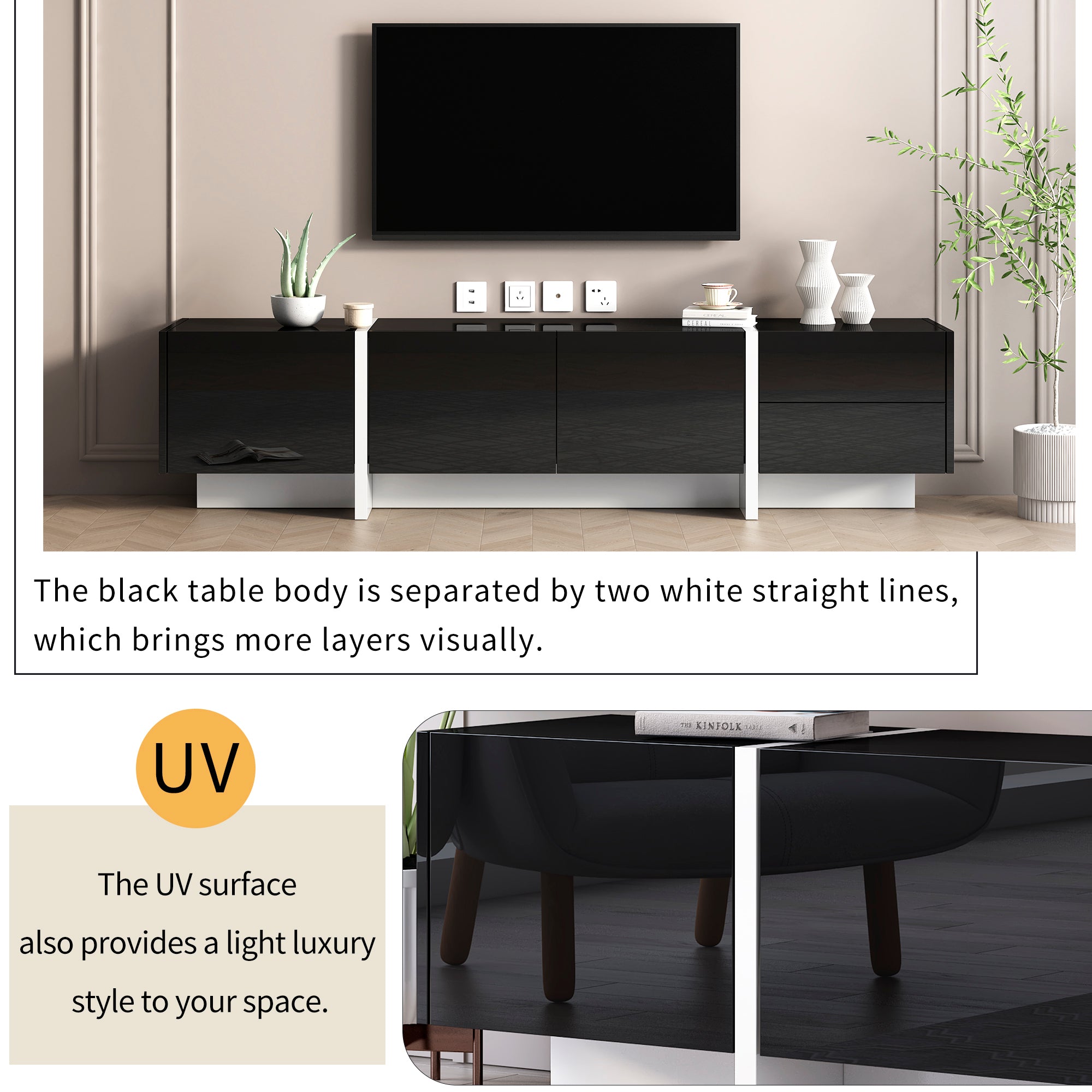 74.80" Black Glossy with White Stripe Line TV Stand Fits TV up to 86"