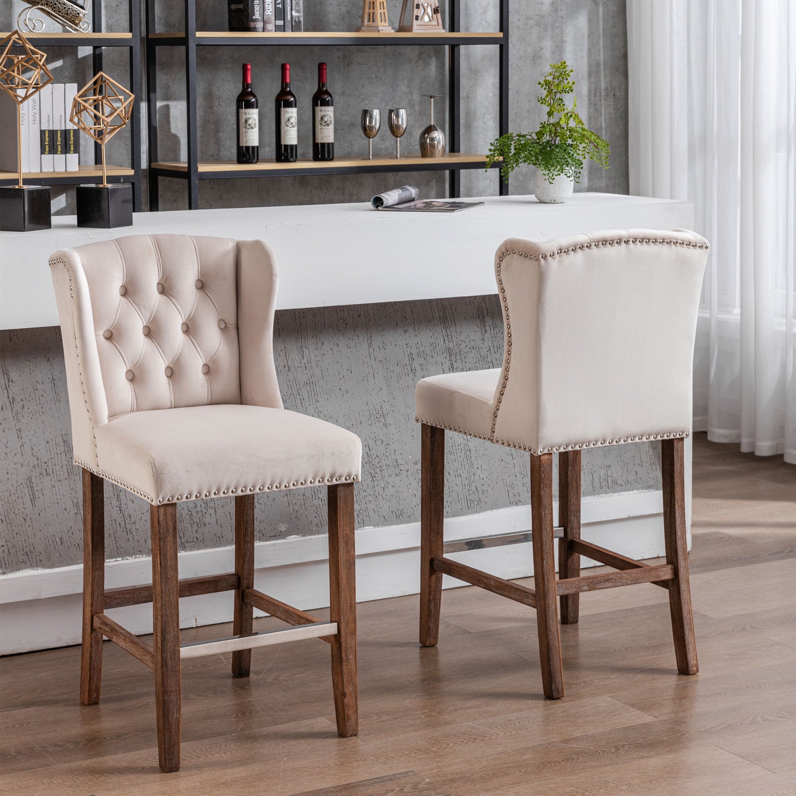 Set of 2 Beige Velvet Counter Stools with Tufted Back and Wingback