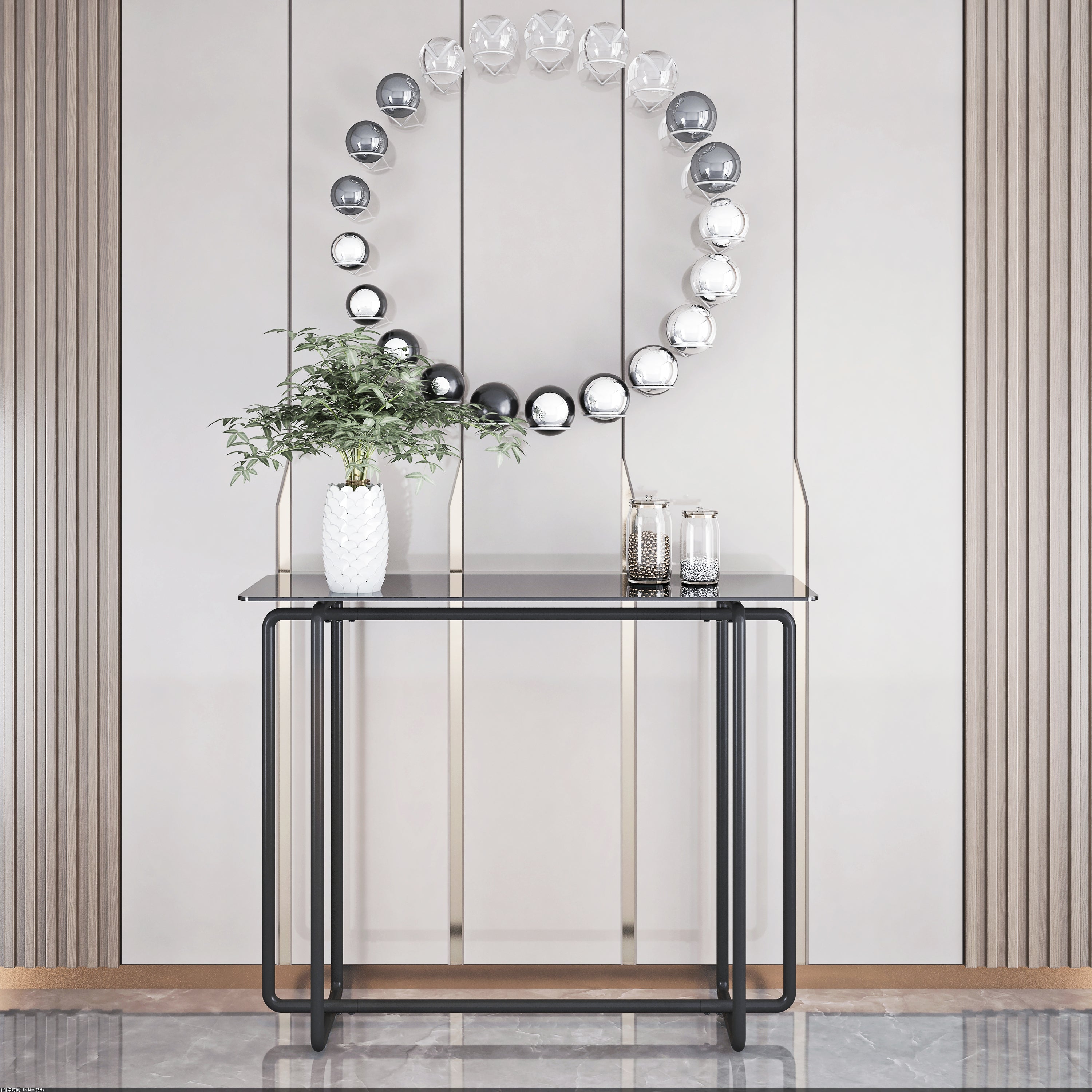 Black Tempered Glass Console Table with Black Metal Frame