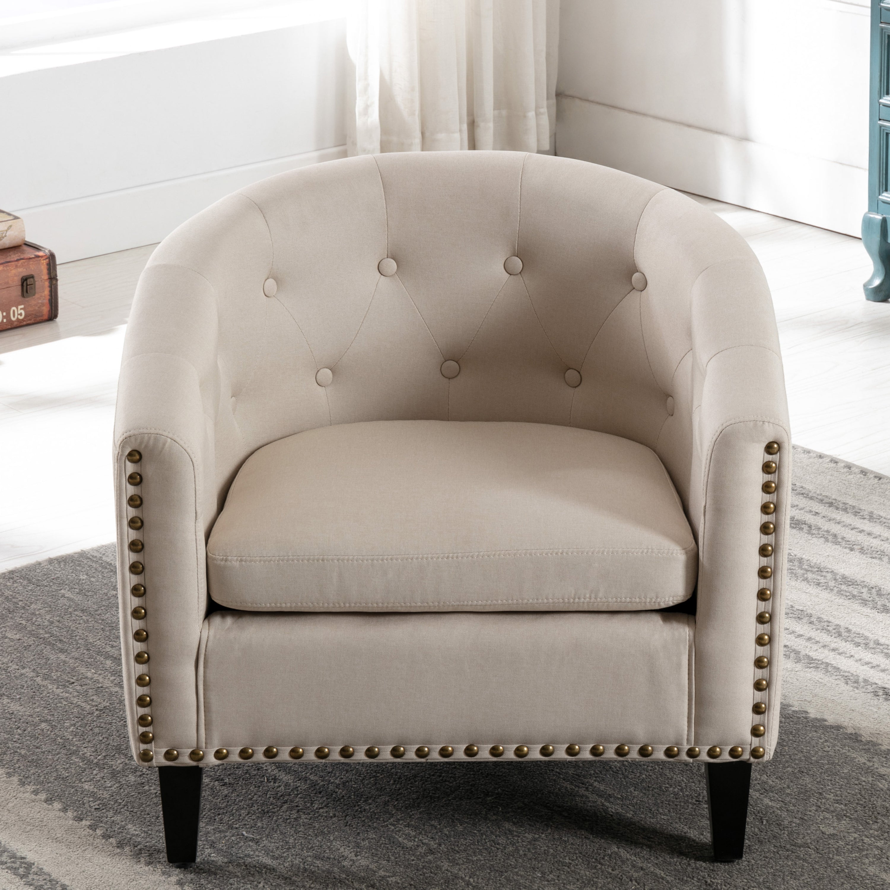 Tan linen Fabric Tufted Barrel Accent Chair with Nailhead Trim