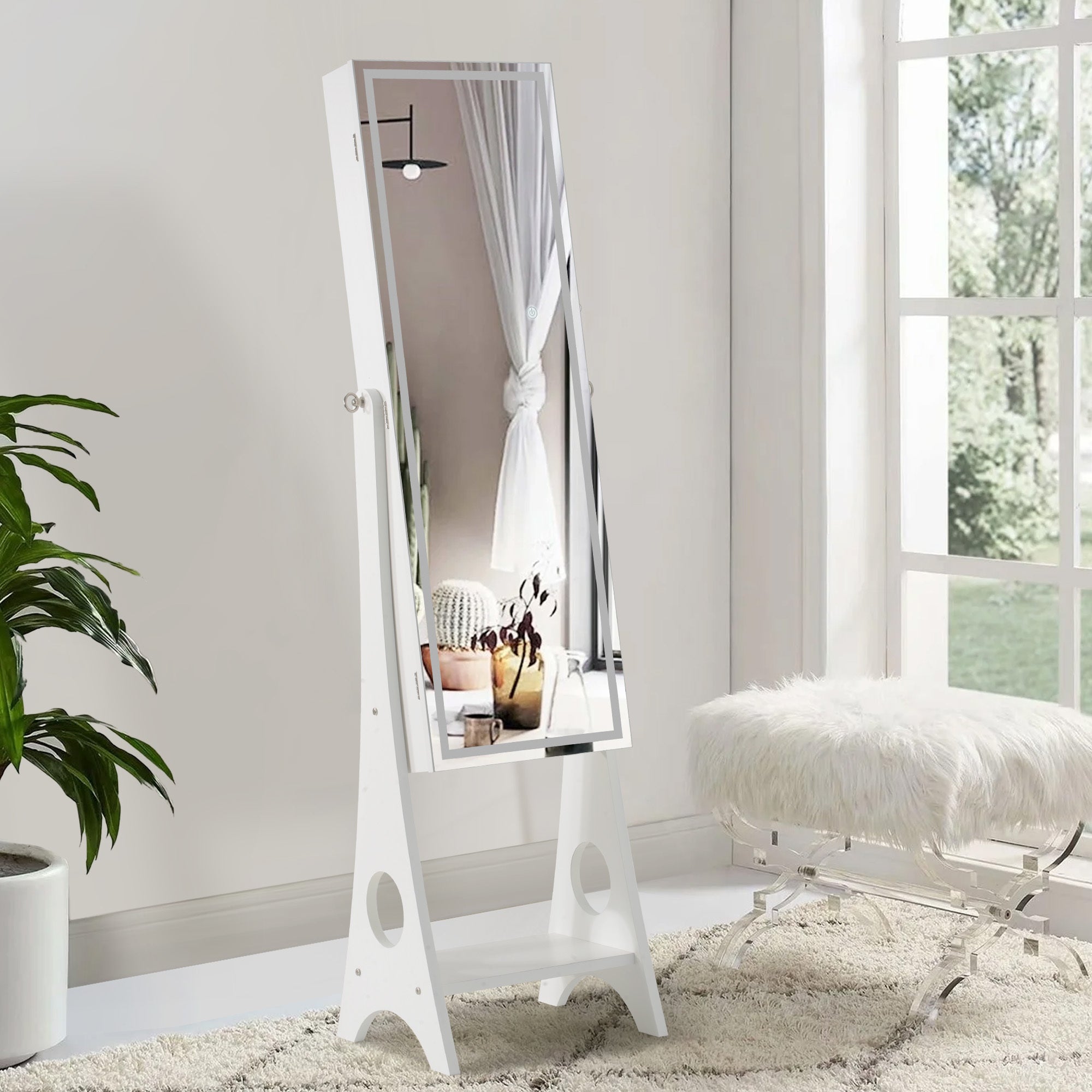 White Standing Jewelry Cabinet With Mirror and LED Lights