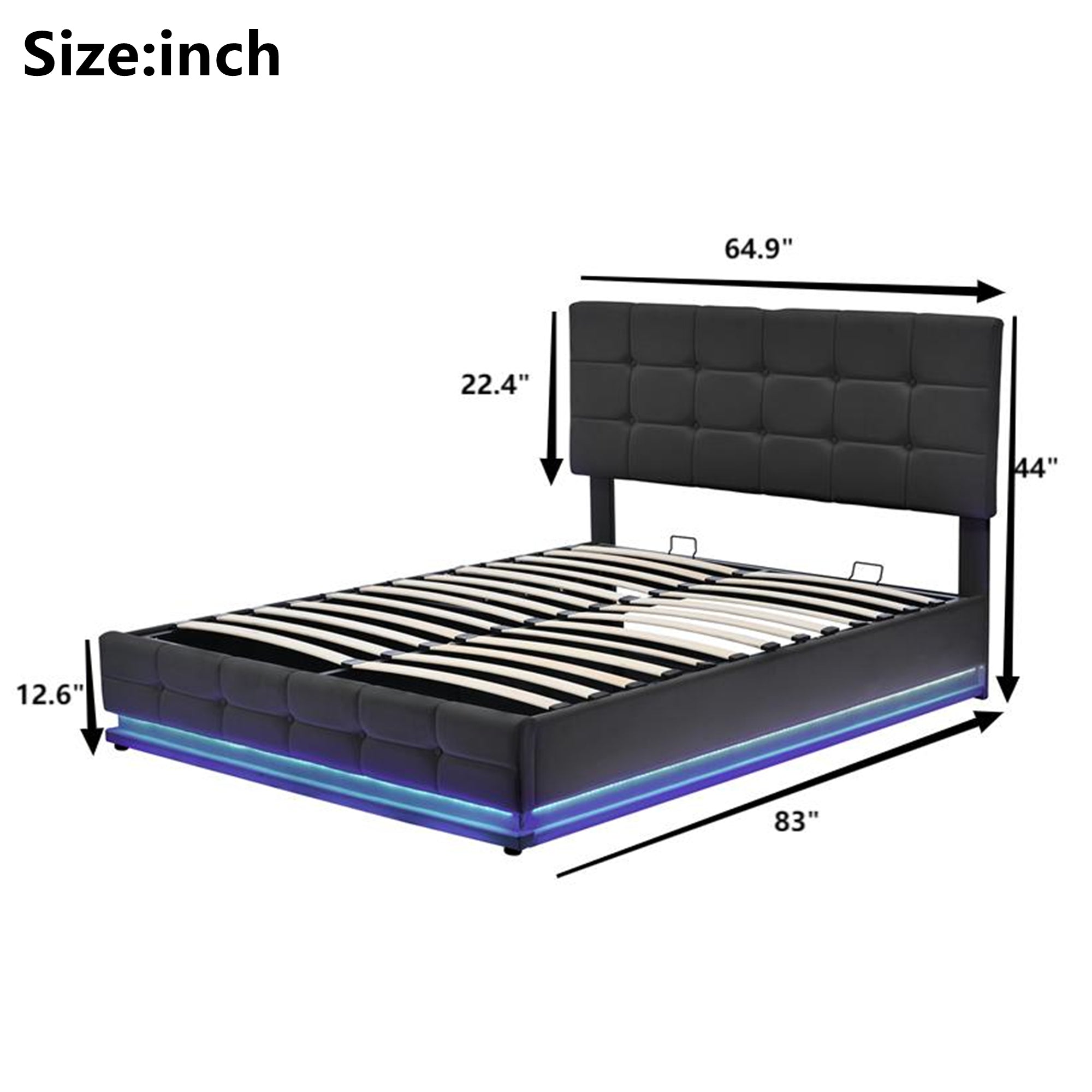 Kosmo Black Queen Tufted Faux Leather Hydraulic Lift Platform Storage Bed With LED Light, USB Charger
