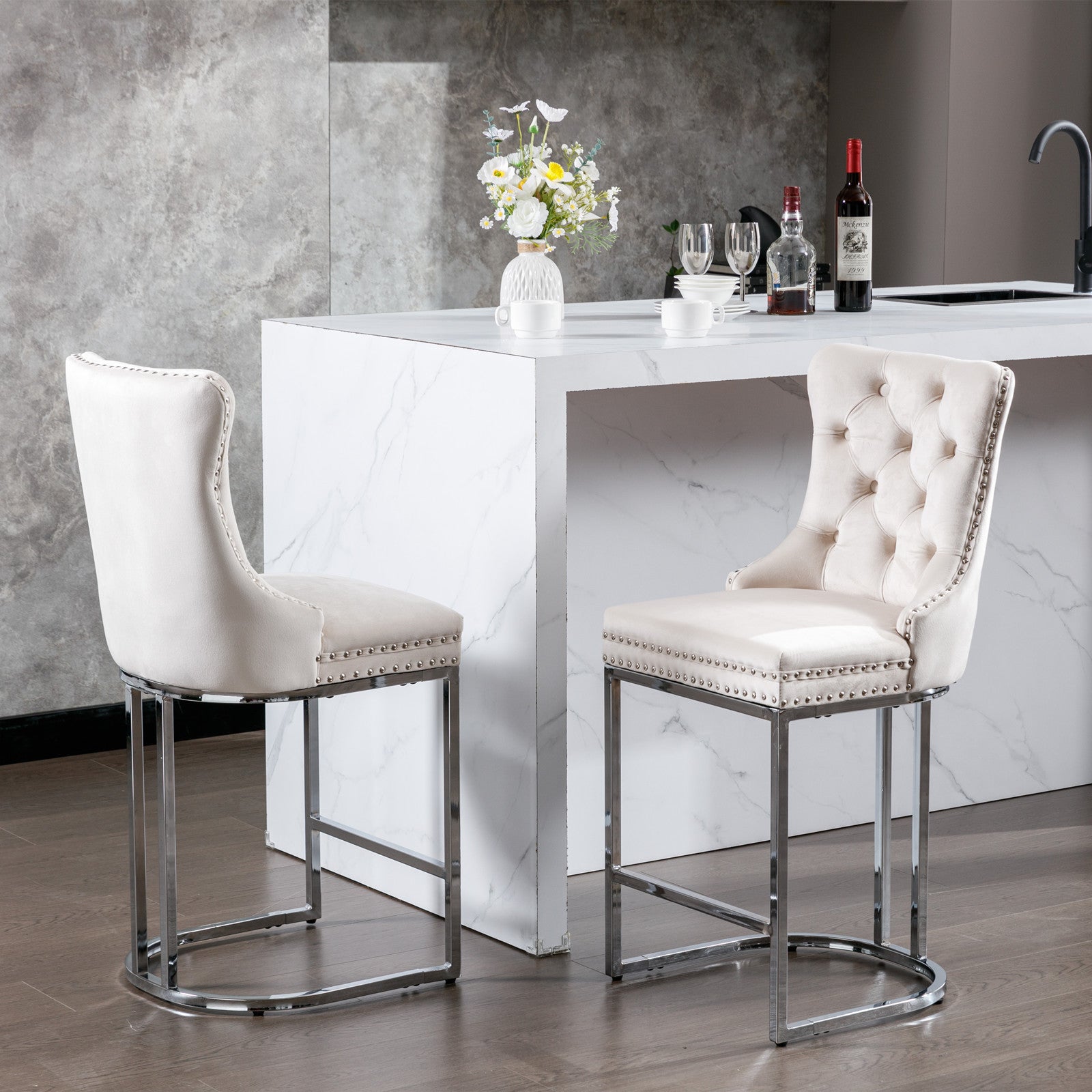 Set of 2 Velvet Modern Counter Stools with Tufted High Back and Chrome Legs